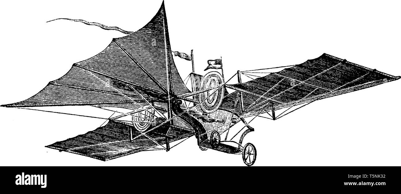 Henson fliegende Maschine, die von William Henson in der Mitte des 19. Jahrhunderts erfunden ist, vintage Strichzeichnung oder Gravur Abbildung. Stock Vektor