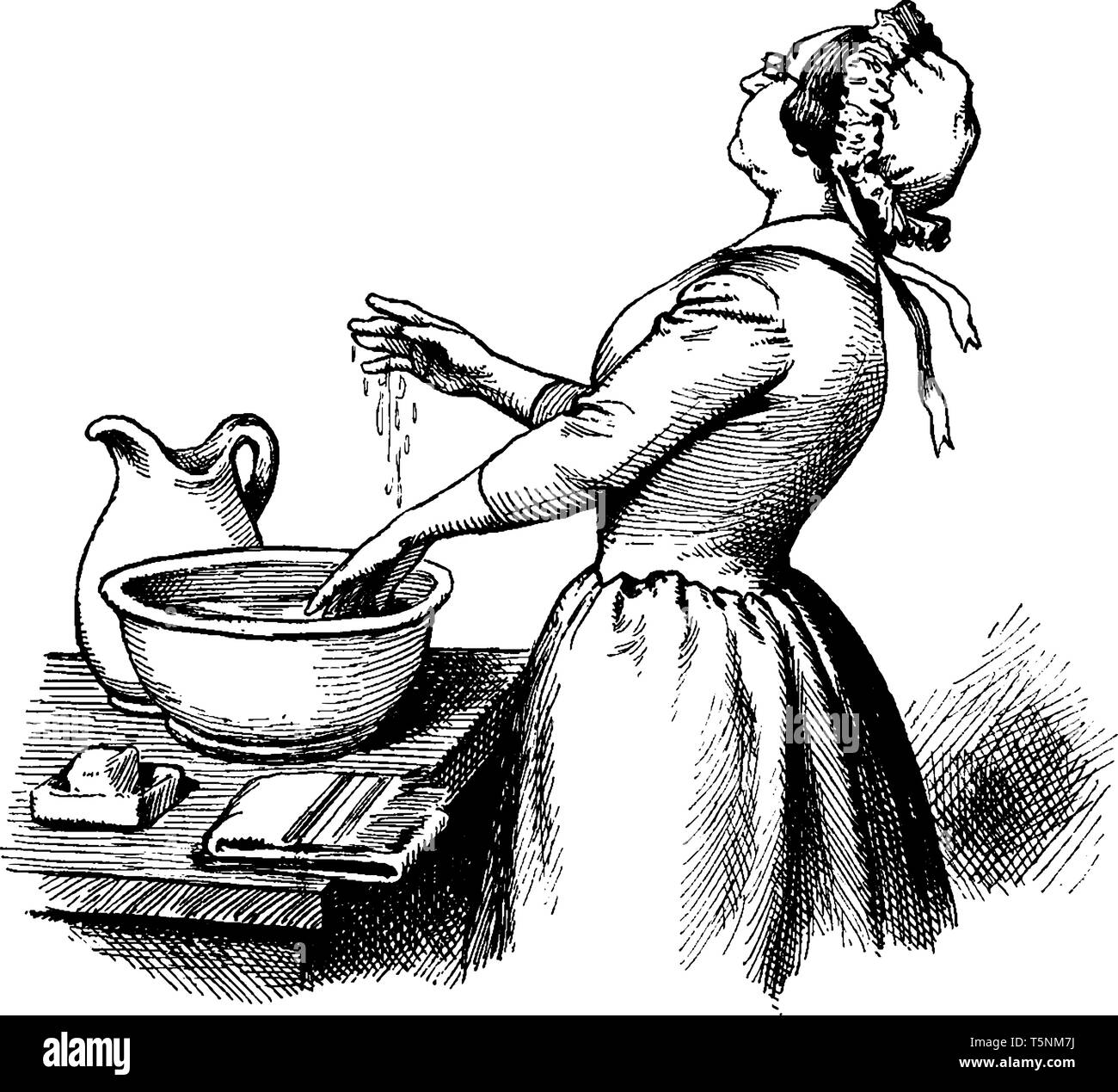 Eine Frau, die ihre Hände waschen im Becken und jar gehalten in der Nähe von Waschbecken, vintage Strichzeichnung oder Gravur Abbildung Stock Vektor Eine Frau, die ihre Hände waschen im Becken und jar gehalten in der Nähe von Waschbecken, vintage Strichzeichnung oder Gravur Abbildung Stock Vektor