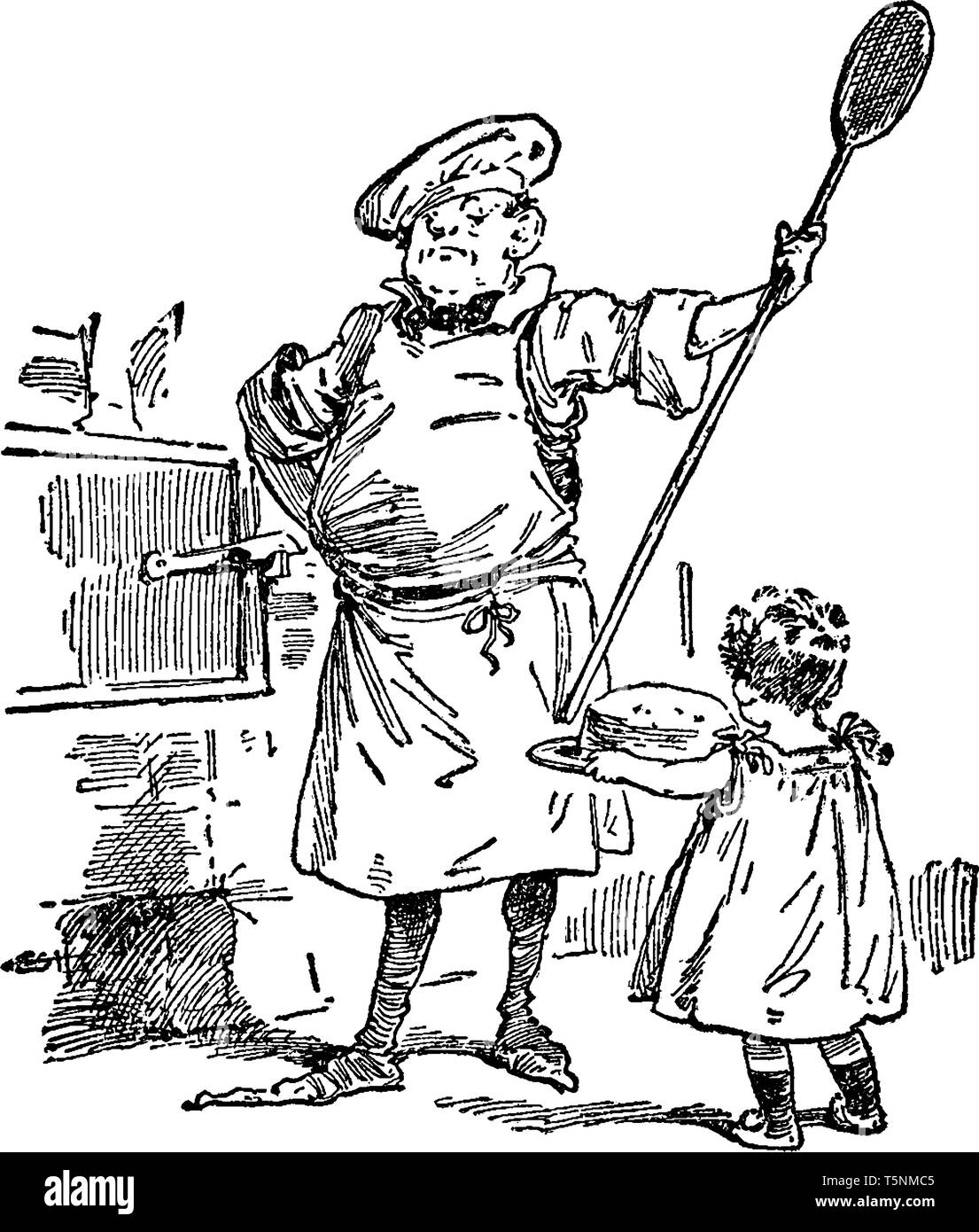 Ein Mann und Kind Brot backen, vintage Strichzeichnung oder Gravur Abbildung Stock Vektor