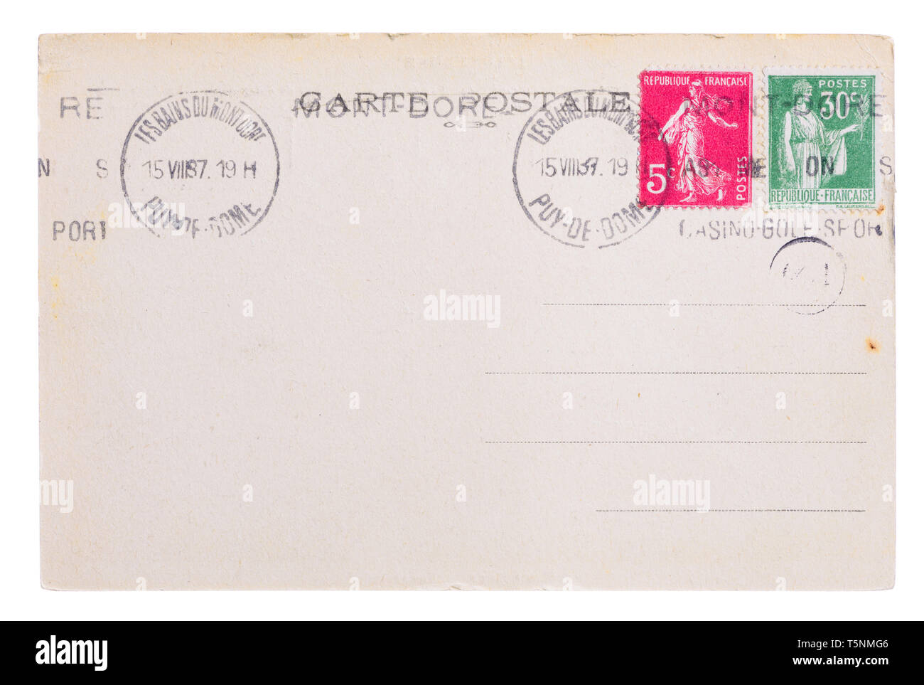 Vintage vergilbte Postkarte Rückseite, ca. 1937, mit alten französischen Post und Brief, Postkarte mit Text und den Namen des französischen Dorf Mont Dore, Isola Stockfoto