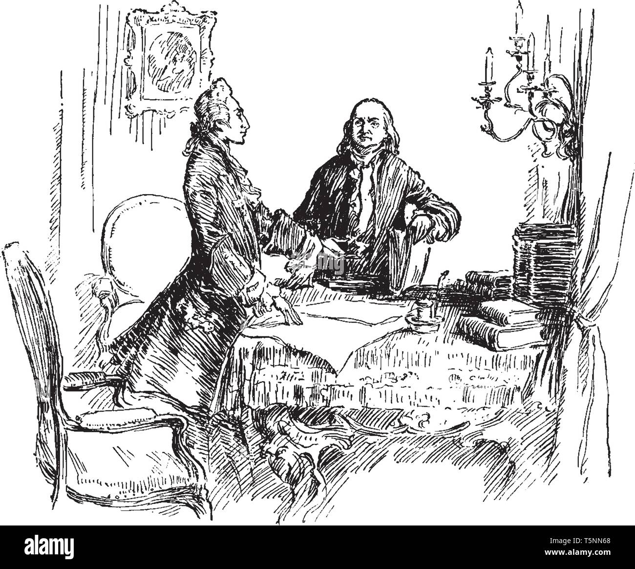 Marquis de LafayetteTalking zu Benjamin Franklin, vintage Strichzeichnung oder Gravur Abbildung. Stock Vektor