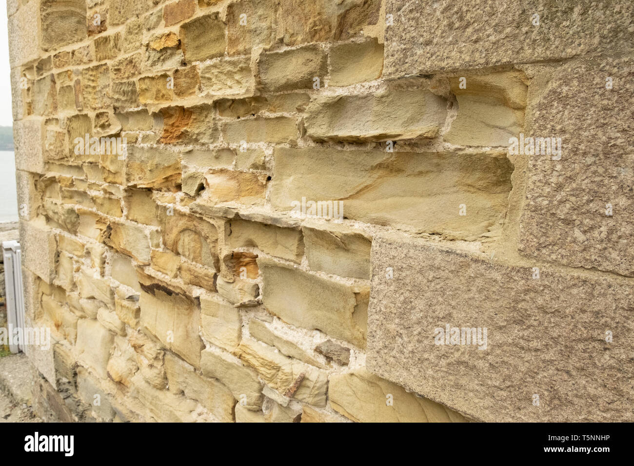Differential Erosion und Verwitterung auf Küsten Haus Wand aus Granit und Sandstein, Cornwall, England Stockfoto