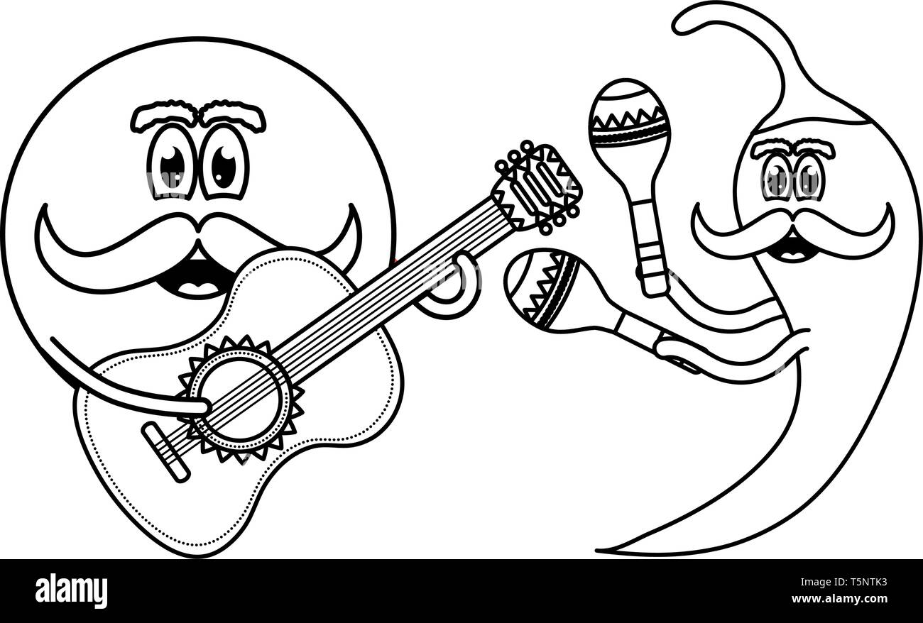 Mexikanische Emoji-zeichen mit Gitarre und Chili Vector Illustration Design Stock Vektor