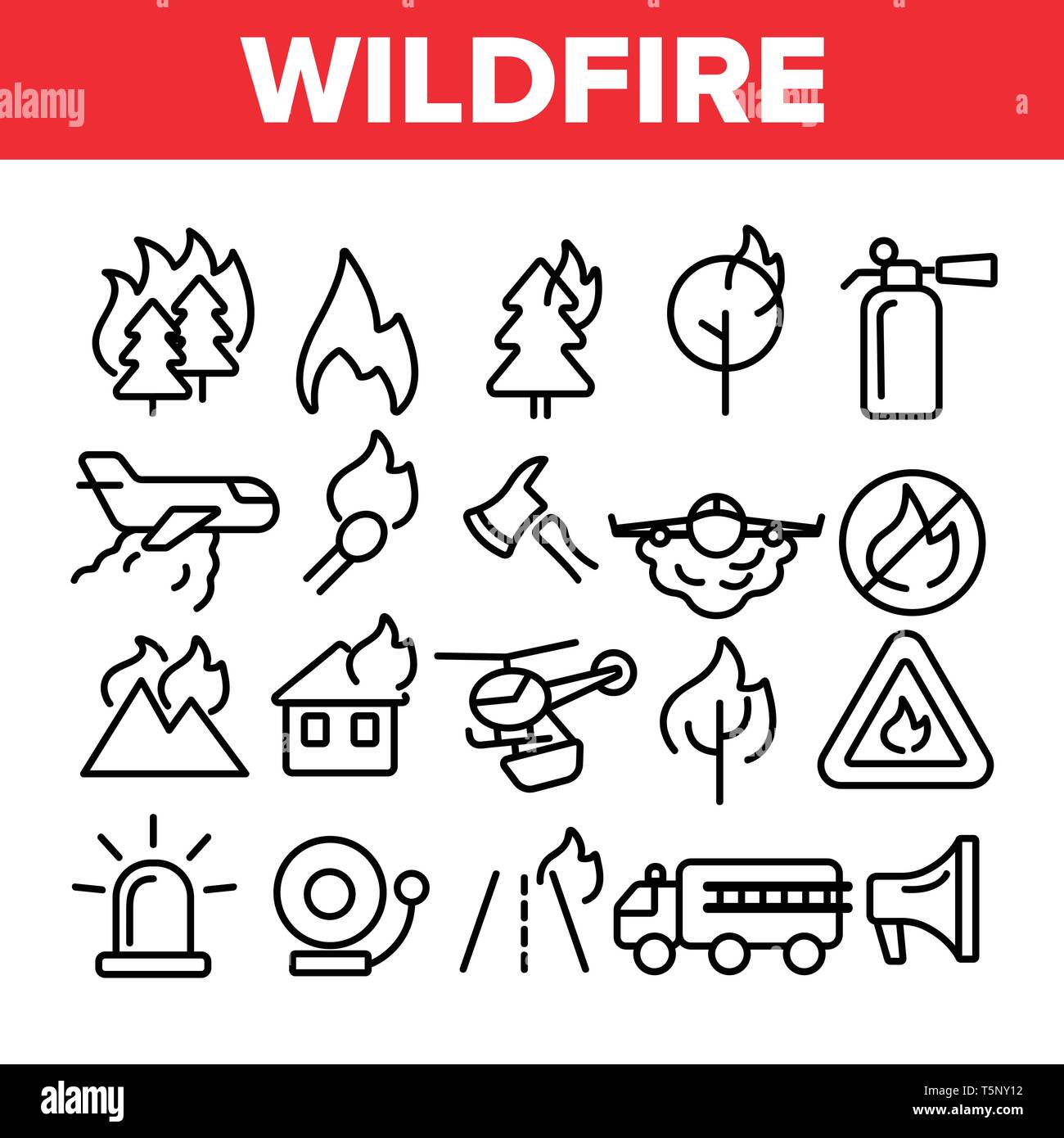 Wildfire, Bushfire Vektor dünne Linie Symbole gesetzt Stock Vektor