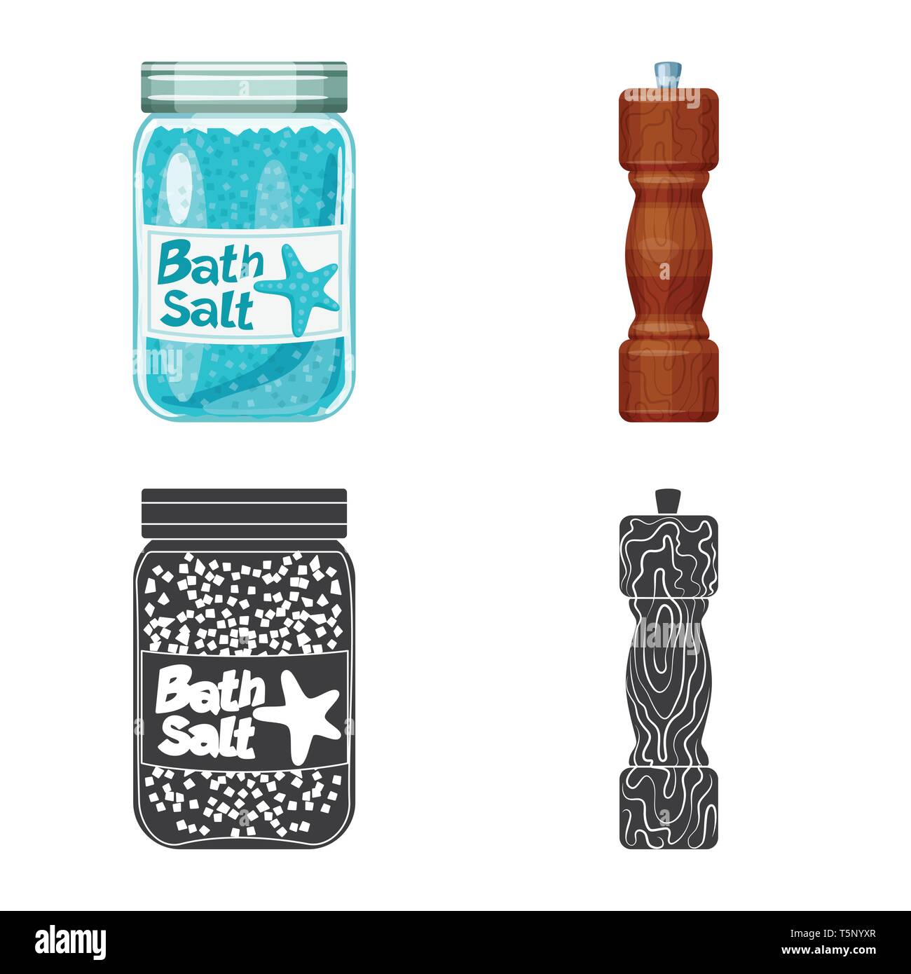 Flasche, Salzfass, salzig, Würzen, Badewanne, Wellness, Holz-, Vintage, Streuen, Pulver, Mühle, weiß, Getreide, Mehl, Reinigen, Kochen, Meer, Natur, Backen, Salz, Nahrungsmittel-, Natrium-, Mineral, Raw, Küche, Set, Vector, Icon, Illustration, isoliert, Sammlung, Design, Element, Grafik, Zeichen, Vektor, Vektoren, Stock Vektor