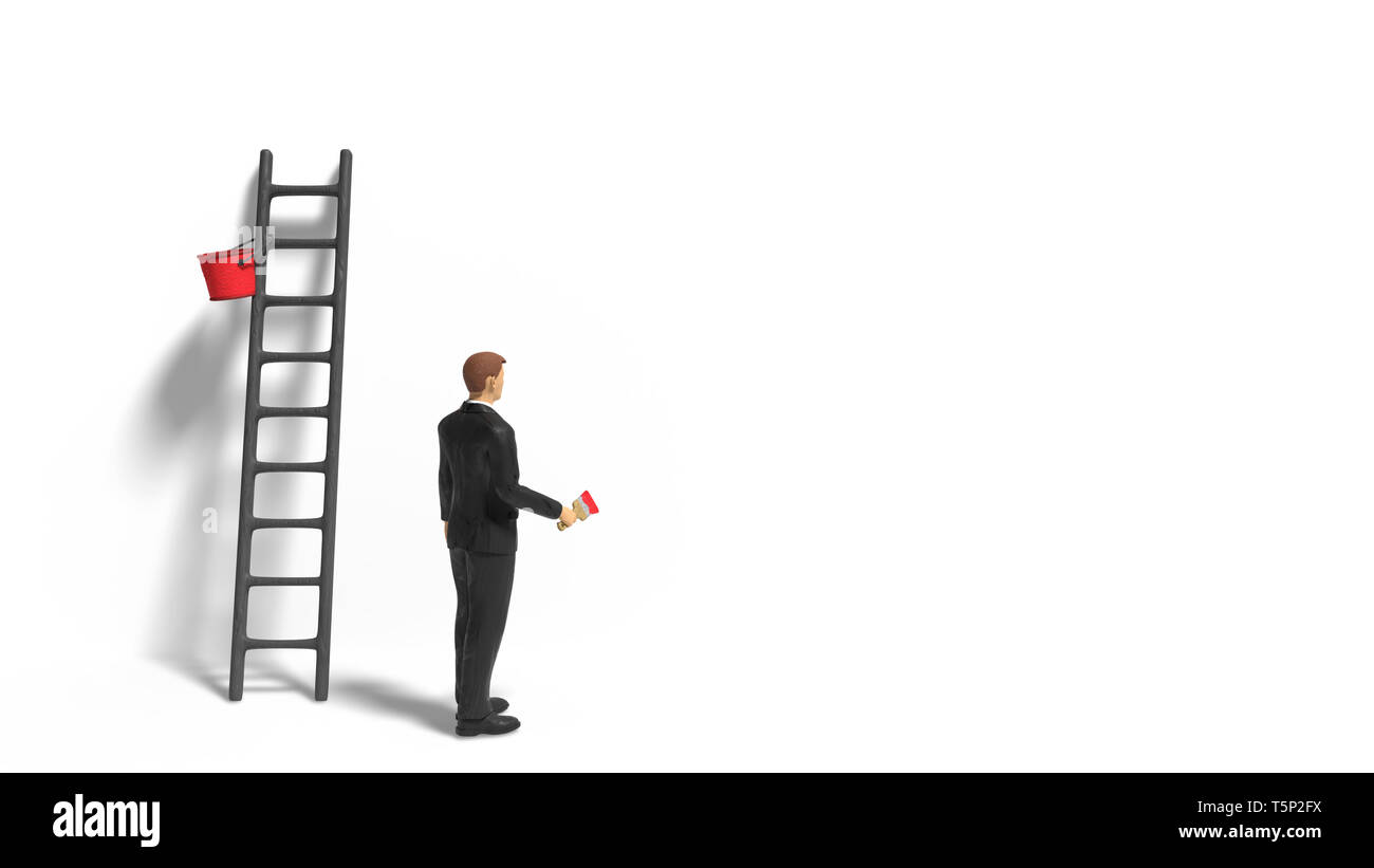 Miniatur Figur Geschäftsmann Charakter mit Leiter und roter Farbe vor einer Wand Stockfoto