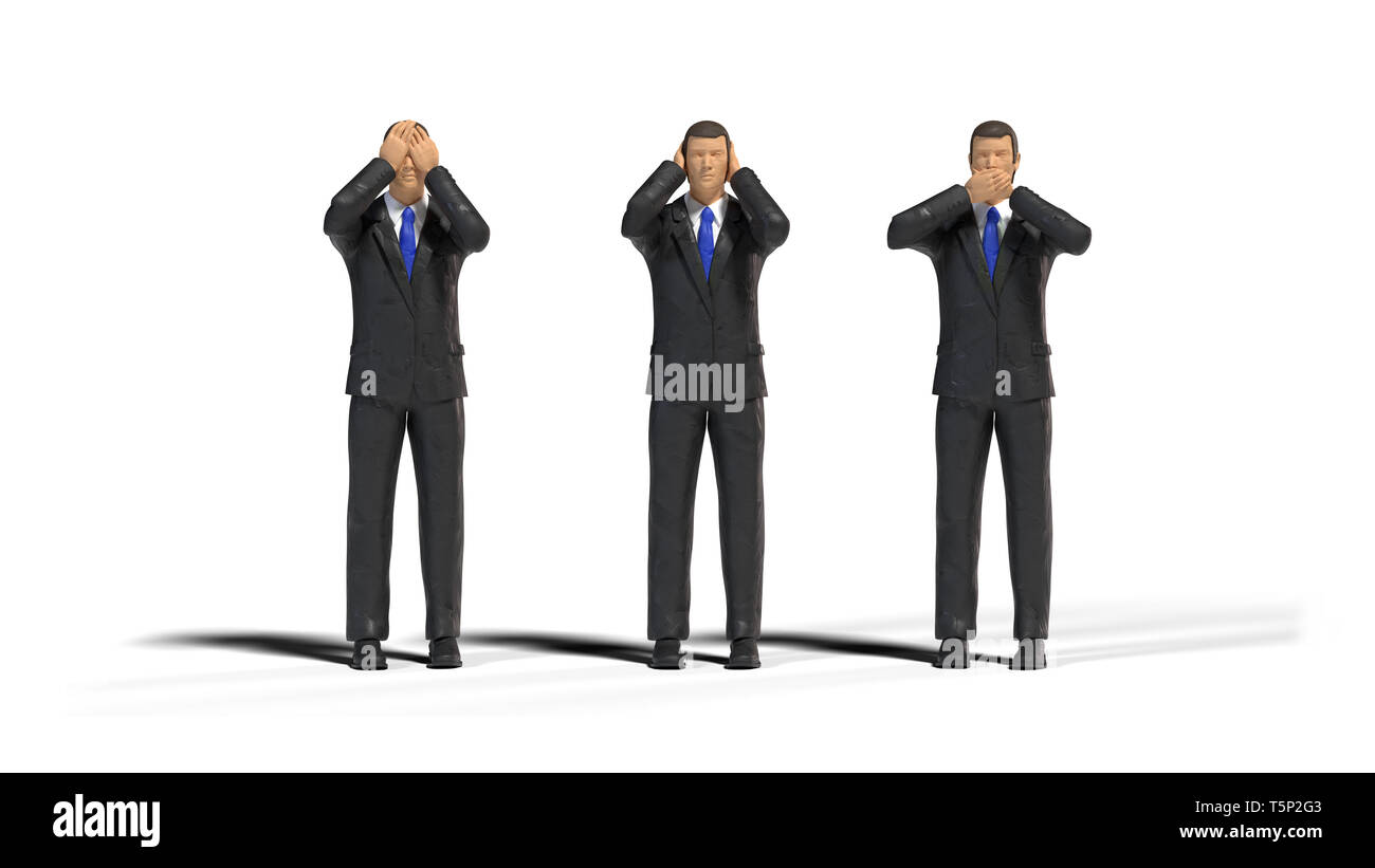 3 Miniatur Abbildung Geschäftsleute in drei Affen posieren mit Schatten auf weißem Hintergrund (nichts sehen, nichts böses hören, nichts böses sprechen) Stockfoto