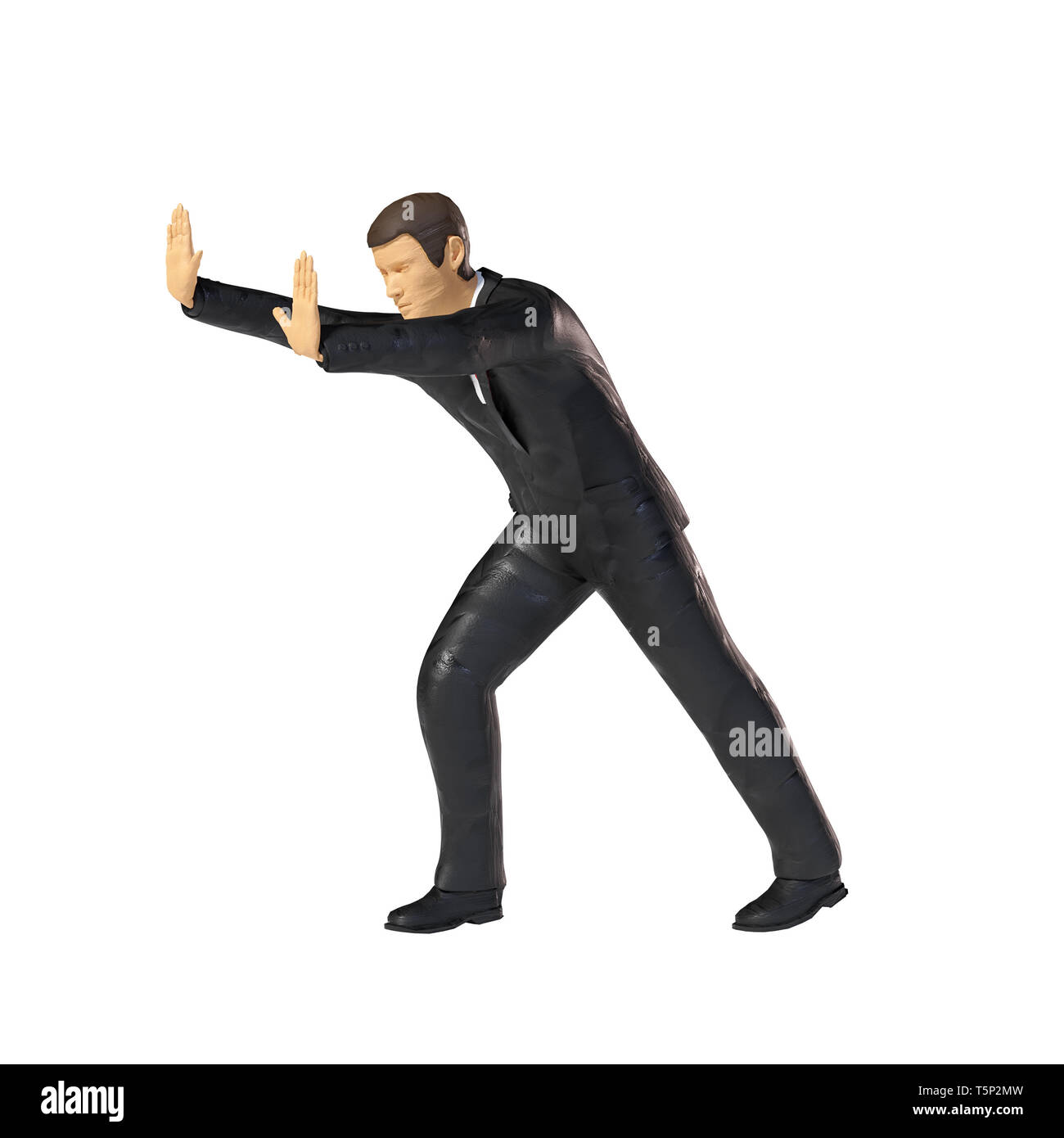 Spielzeug miniatur Geschäftsmann drücken, Business figurine Konzept auf weißem Hintergrund Stockfoto