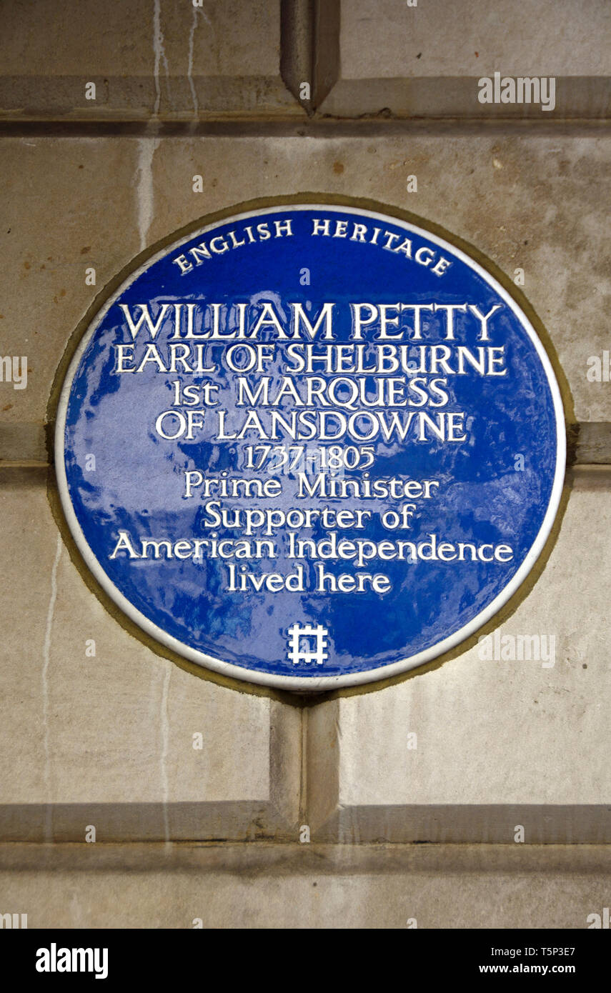 London, England, UK. Commemorative blaue Plakette: William Petty, Graf von Shelburne, 1 Shelburne (1737-1805) Ministerpräsident, Verfechter der Ameri Stockfoto