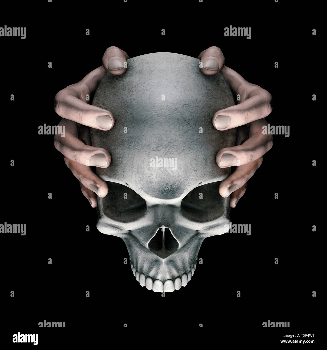 Dunkle Gedanken horror Schädel-/3D-Darstellung der Hände, die unheimlich Bösen dunklen grungy menschlicher Schädel auf schwarzem Hintergrund Stockfoto