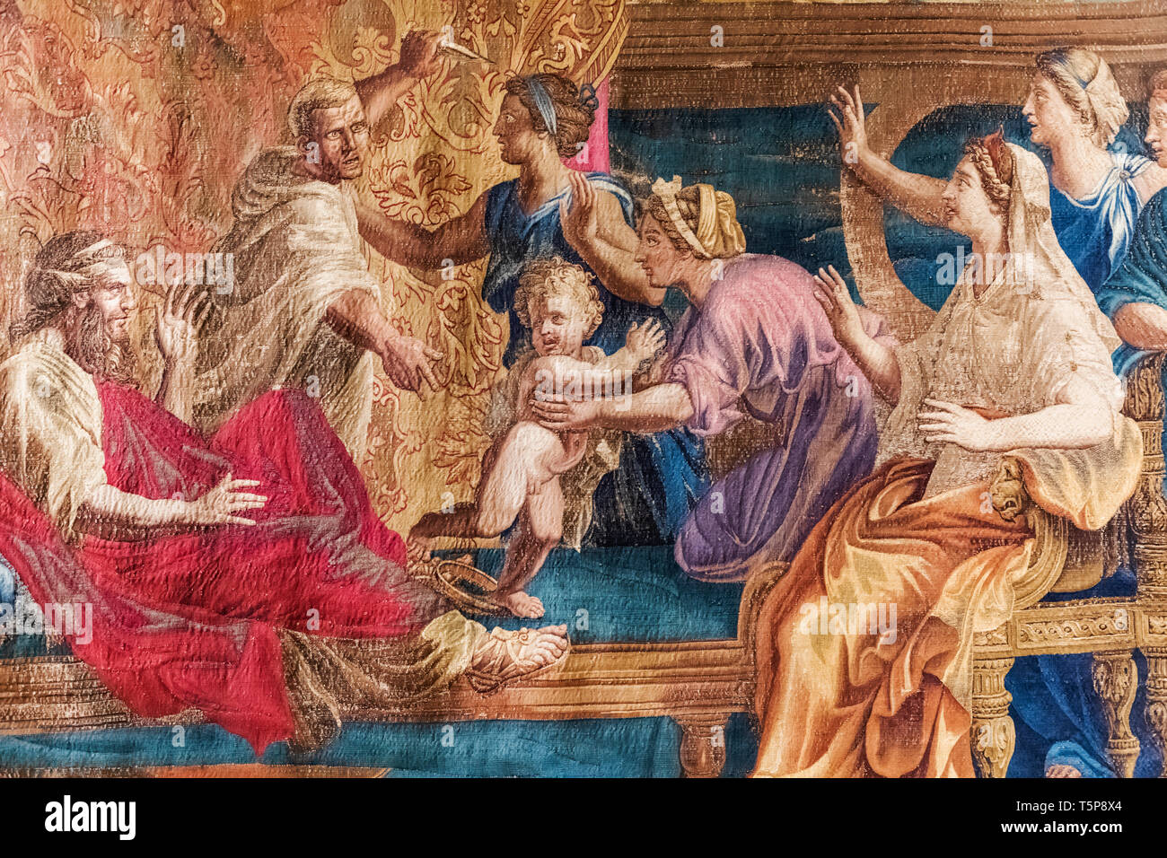 Französischer Wandteppich mit der Darstellung der Säugling Mose Trampeln auf Pharaos Krone vom 1683 Stockfoto