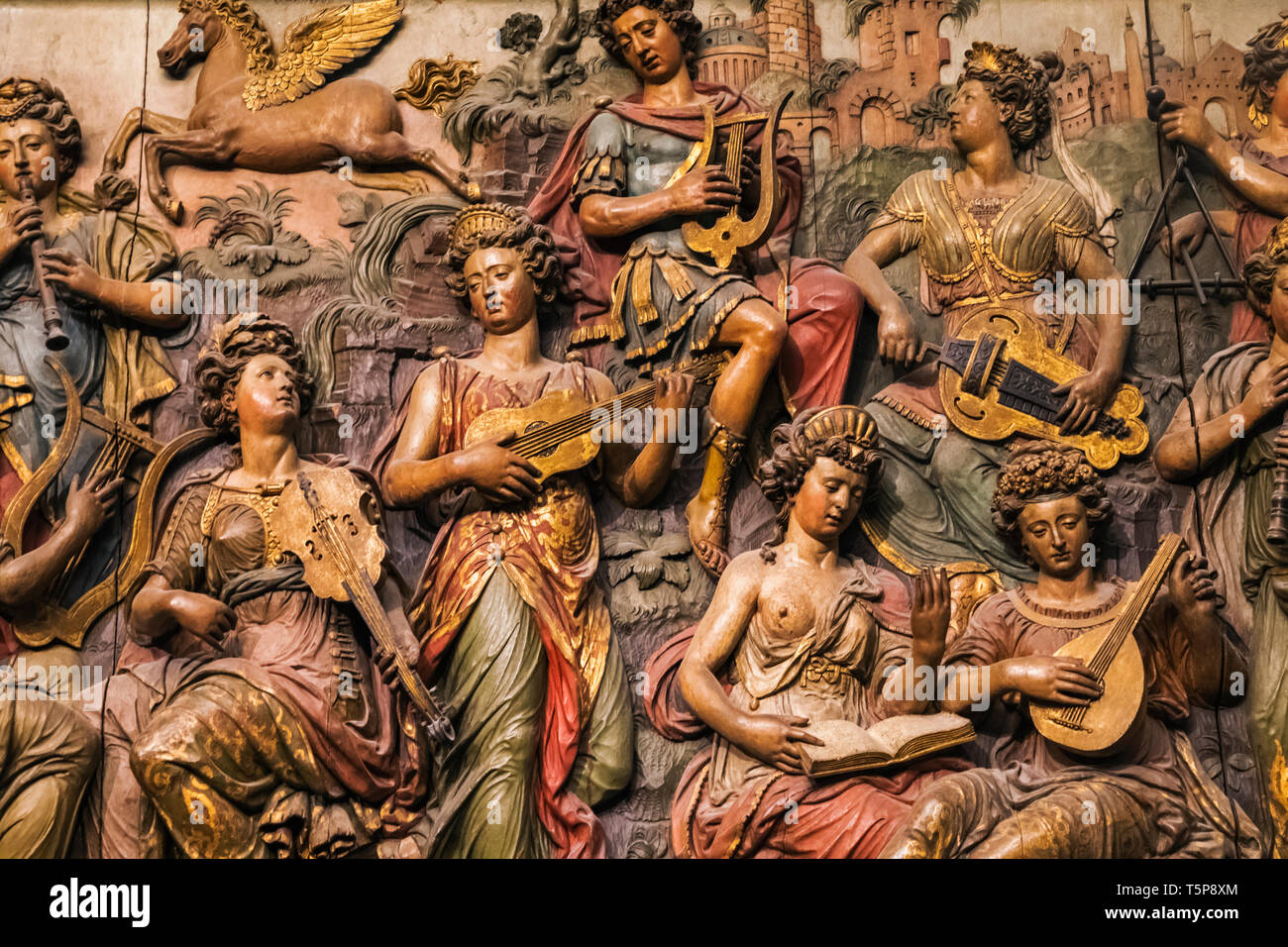 Lackiert Eiche Panel der Darstellung Apollo und die Musen datiert 1580 Stockfoto
