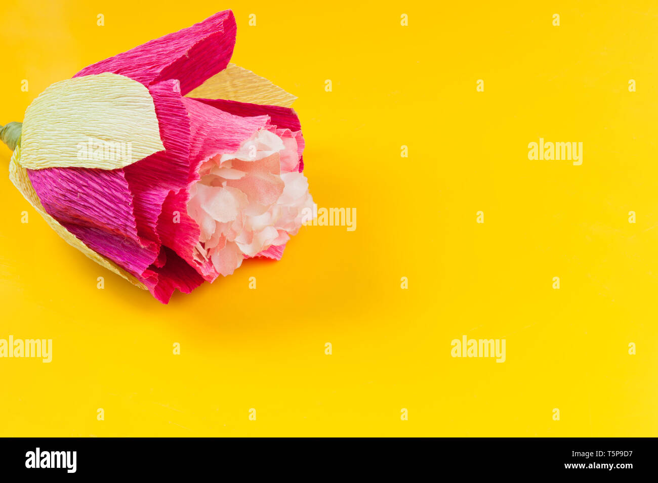 Hausgemachte Wellpappe Blüten auf gelbem Hintergrund Stockfoto