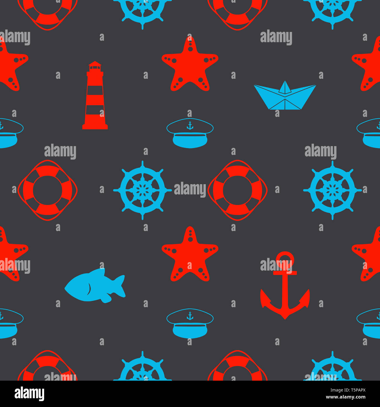 Maritime nahtlose Muster mit roten und blauen nautischen Symbolen wie Papier, Schiffe, Matrosen Hut, Anker und Seesterne auf dunklen schwarzen Hintergrund Stockfoto