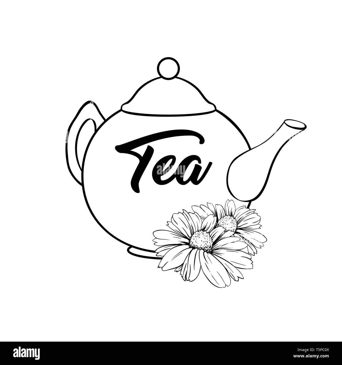 Porzellan oder Keramik Teekanne Service. Minze Tee Blätter und Kamillenblüten. Grüner Tee Tasse. Isoliert und detaillierte Kräutertherapie Vector Illustration. Banner Design, Restaurant Menü, englisches Frühstück. Stock Vektor