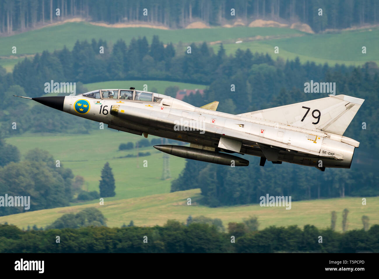 Ein Saab 35 Draken Überschallflugzeuge der Schwedischen Luftwaffe historischen Flug. Stockfoto