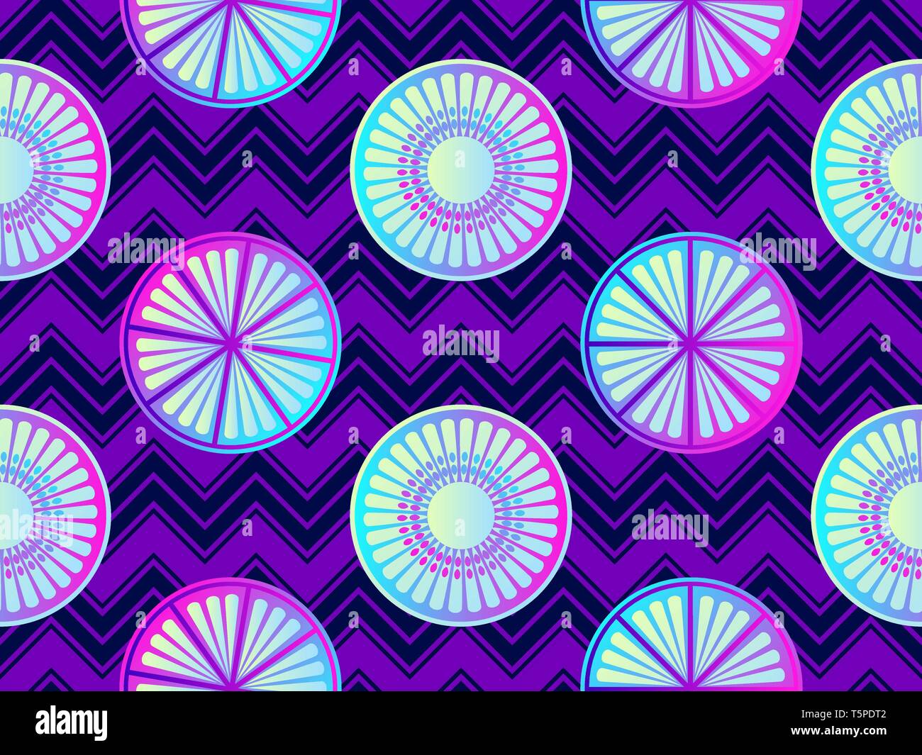 Nahtlose Citrus mit lila und rosa Farbverlauf. Obst auf einem Hintergrund mit Zick-Zack-Linien. Vector Illustration Stock Vektor