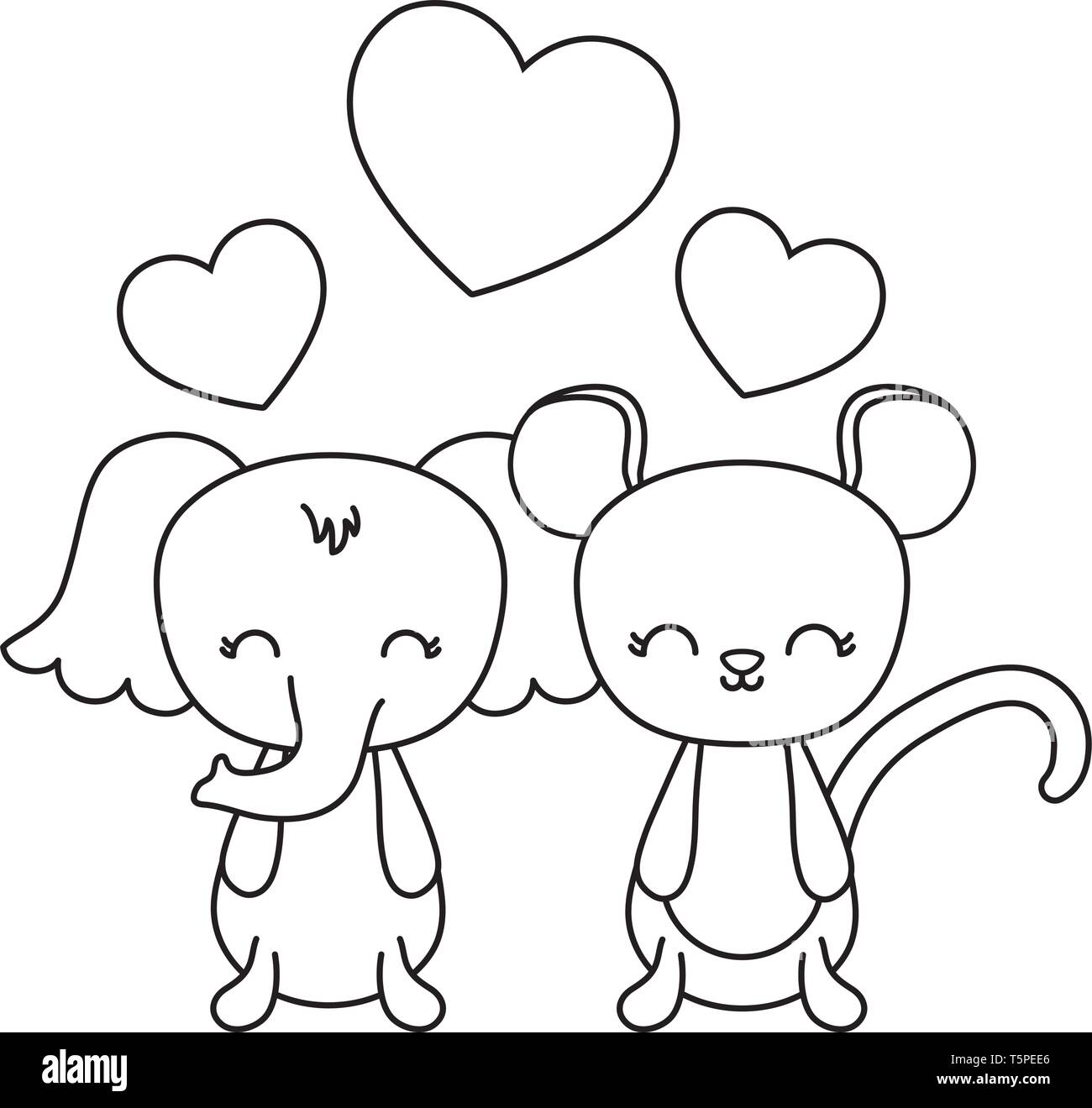 Süße Elefant mit Maus und Herzen Vector Illustration Design Stock Vektor