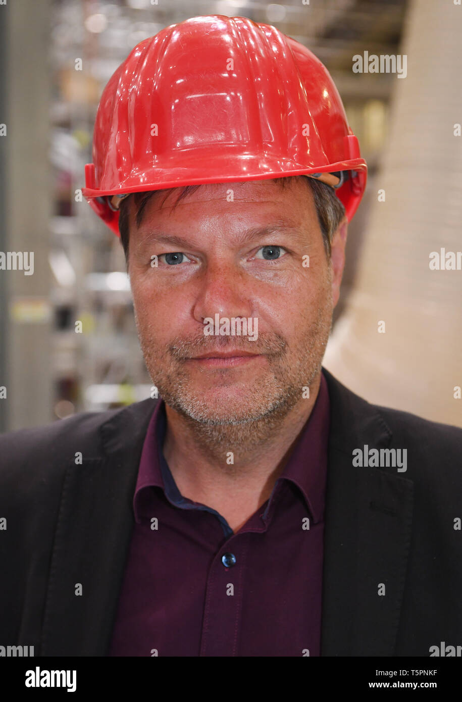 Greifswald, Deutschland. 26 Apr, 2019. Robert Habeck, Bundesvorsitzende von Bündnis 90/Die Grünen sterben, besucht die Kernfusionsforschung facility" Wendelstein 7-X" am Jahrestag der Katastrophe von Tschernobyl. Das Institut mit den fusionsreaktor "Wendelstein 7-X' konzentriert sich auf die Kernfusion als Möglichkeit der Energiegewinnung. Quelle: Stefan Sauer/dpa-Zentralbild/dpa/Alamy leben Nachrichten Stockfoto