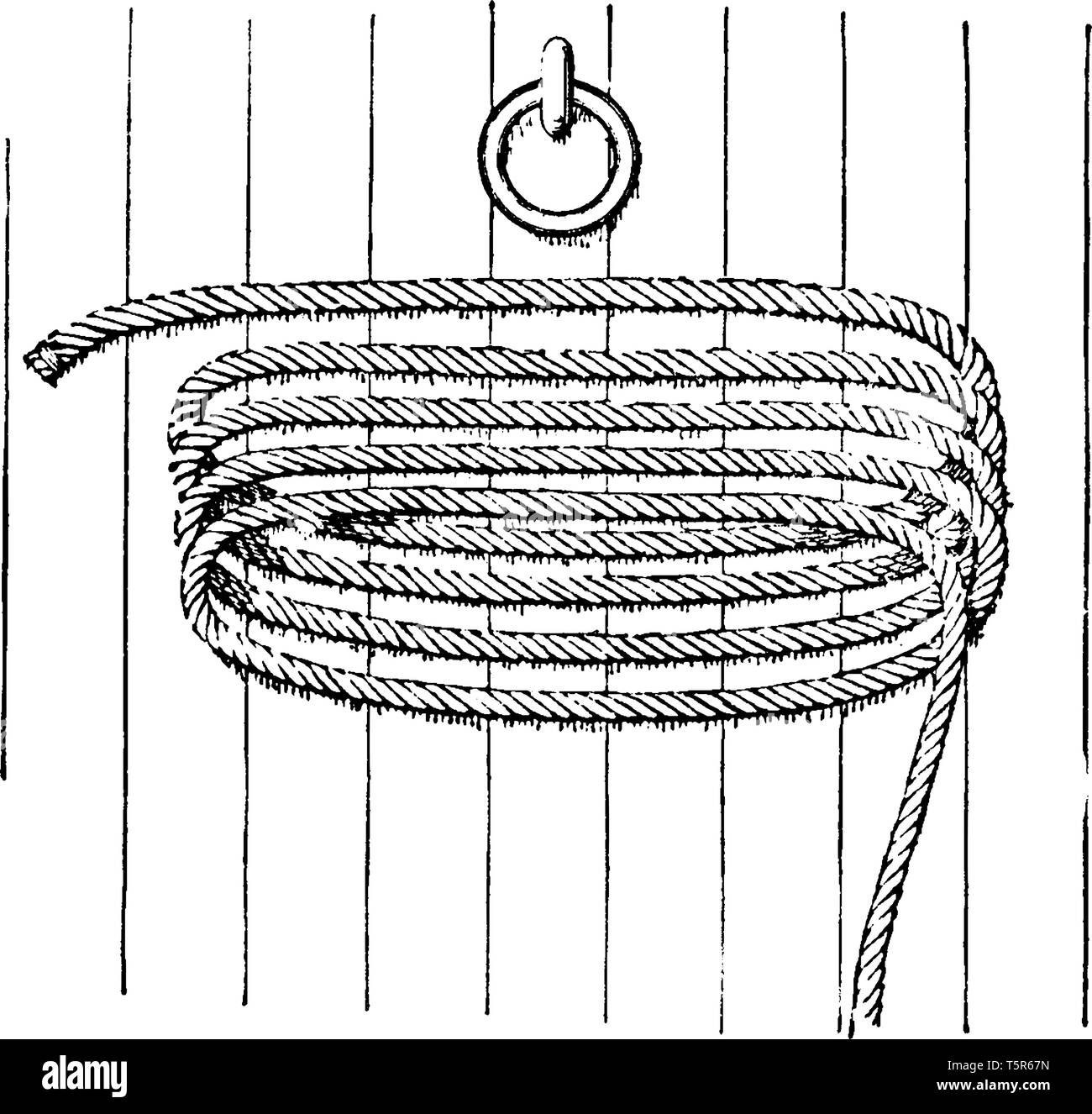 Seil aufgerollt in Fälschungen auf Deck, das einer der Kreise oder Wicklungen eines Kabel- oder hawser, wie es sich in einer Spule, vintage Strichzeichnung oder Gravur illustr Stock Vektor