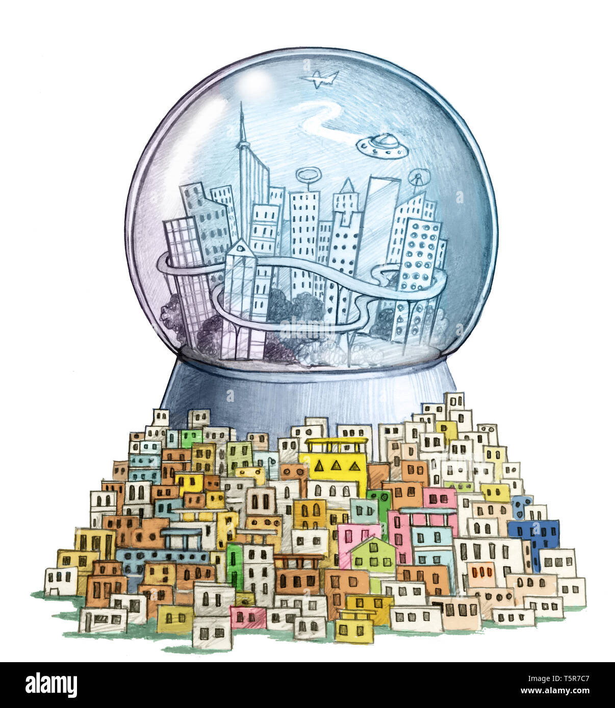 In einem Glas Kugel gibt es ein Smart City, während draußen gibt es einen großen Slum Allegorie der Kluft zwischen Arm und Reich Stockfoto