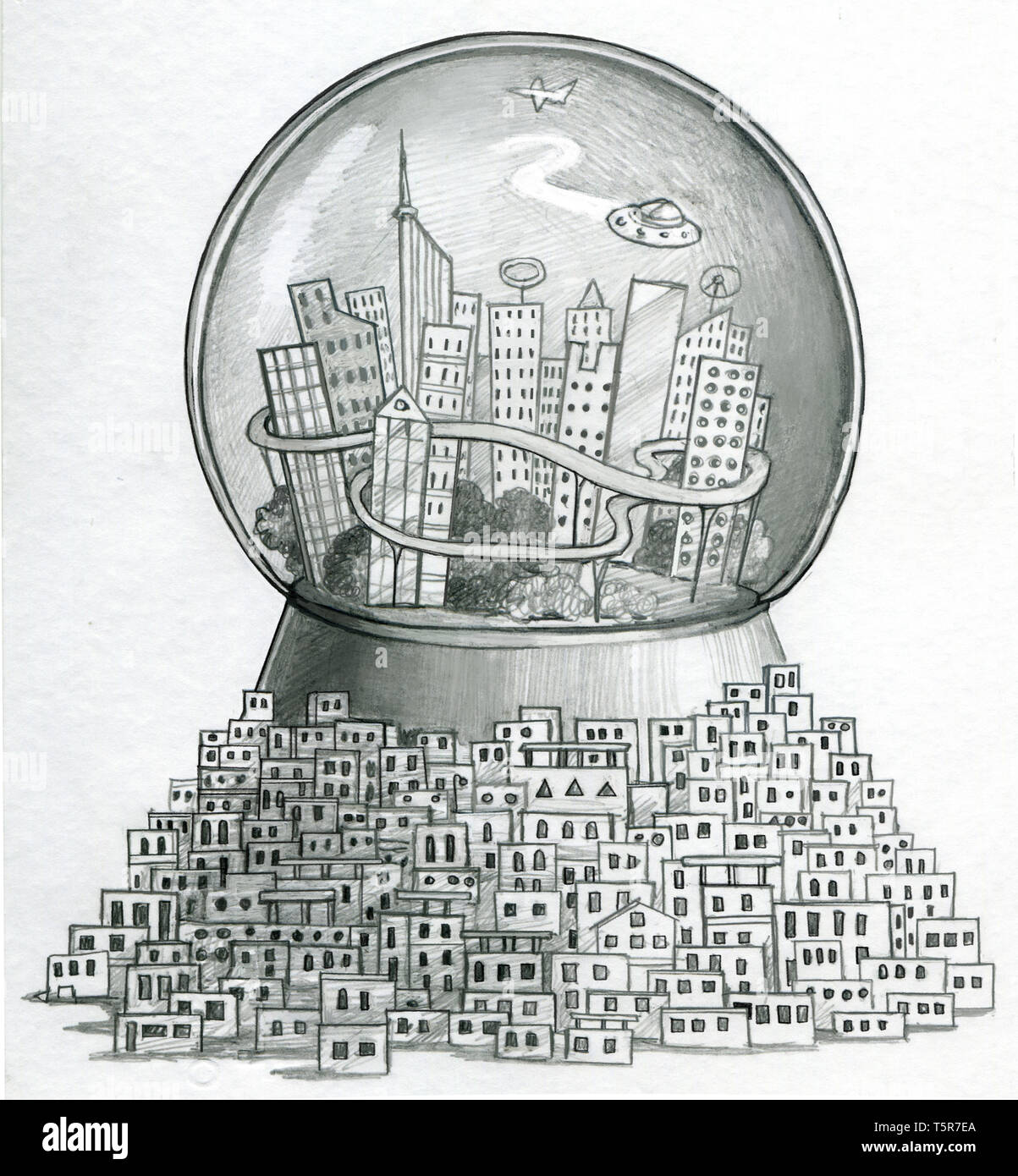 In einem Glas Kugel gibt es ein Smart City, während draußen gibt es einen großen Slum Allegorie der Kluft zwischen Arm und Reich Stockfoto