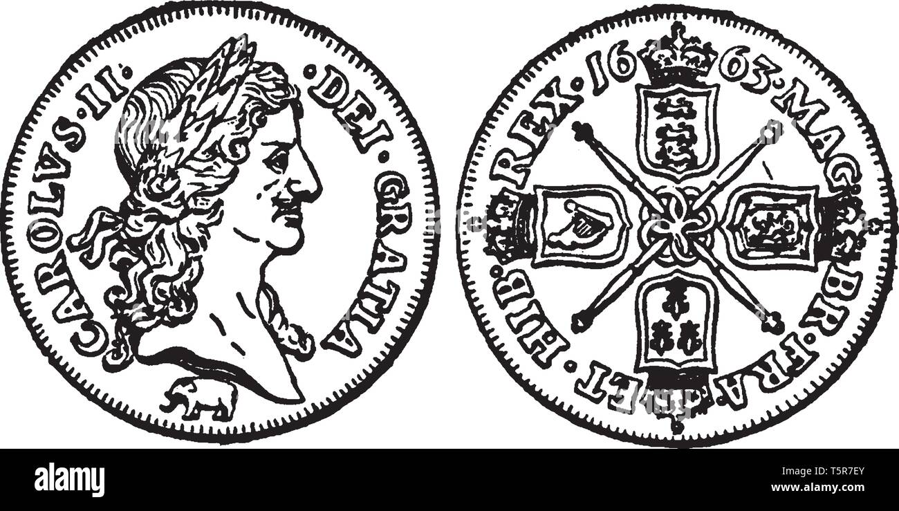 Guinea von Charles II ist guineen bezeichnet, weil sie zum größten Teil aus Gold aus Guinea, die getroffen wurden, vintage Strichzeichnung oder Gravur il Stock Vektor