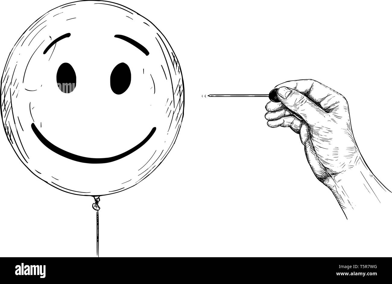 Cartoon Zeichnung konzeptuelle Darstellung von Hand mit Nadel oder Klemme knallen Ballon mit menschlichem Antlitz, der Persönlichkeit und der psychischen Gesundheit. Stock Vektor
