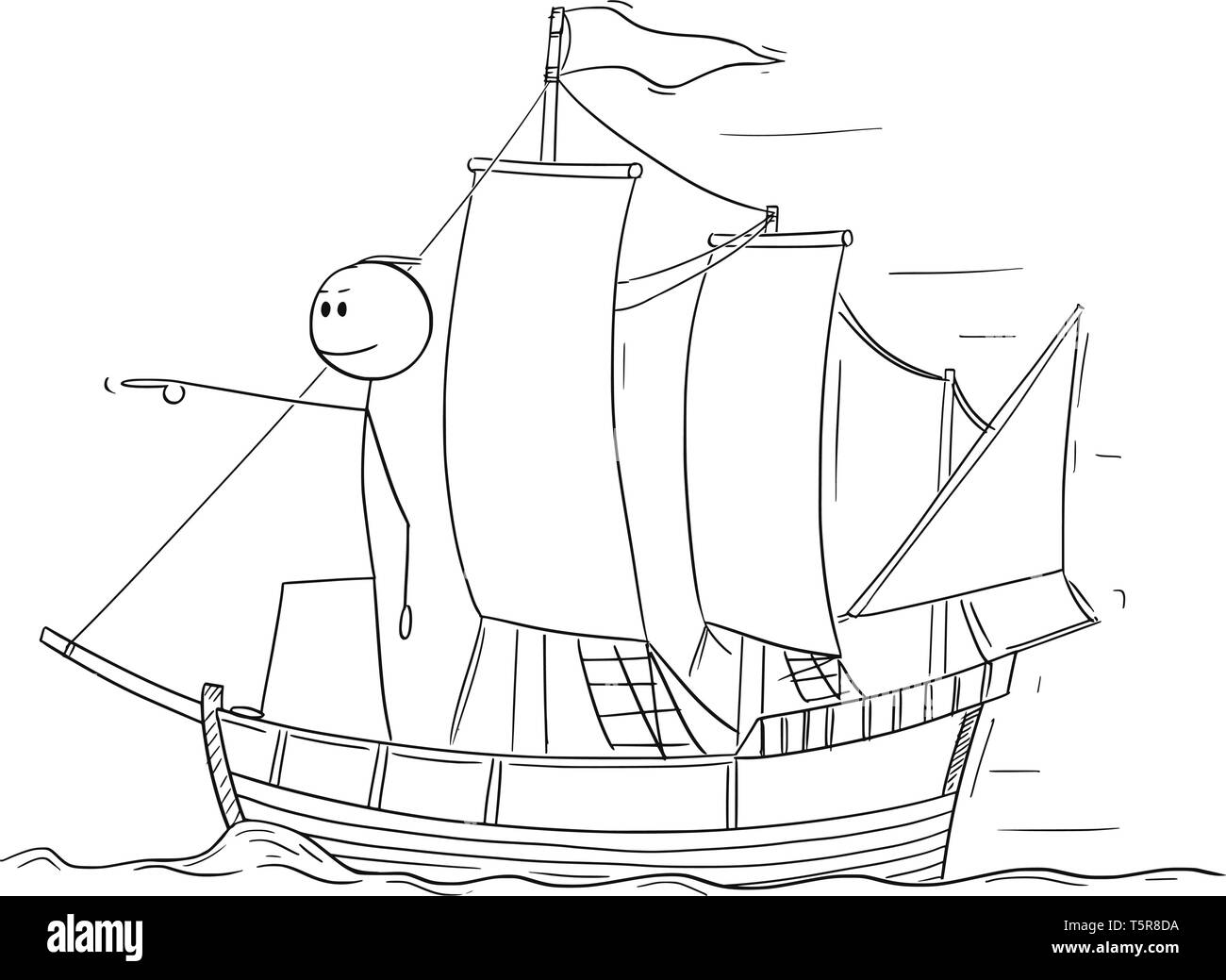 Cartoon Strichmännchen Zeichnen konzeptionelle Darstellung der Mann oder Geschäftsmann als Kapitän auf dem Deck von Segelboot und nach vorne zeigt. Das Konzept der Führung. Stock Vektor