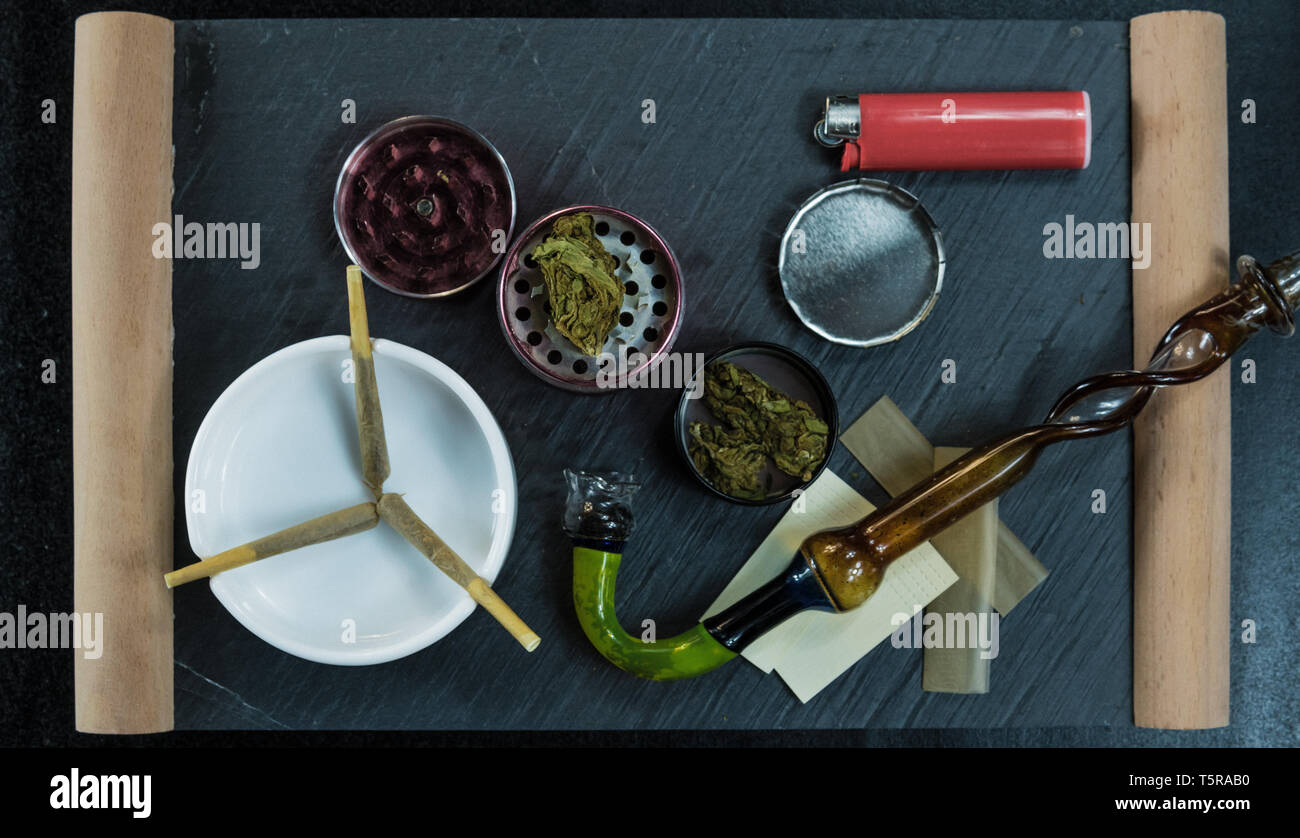 Marihuana Gelenke liegen in den Aschenbecher. Rauchen Pfeife, Schleifer, Cannabis. Cannabis ist Kräutermedizin Stockfoto