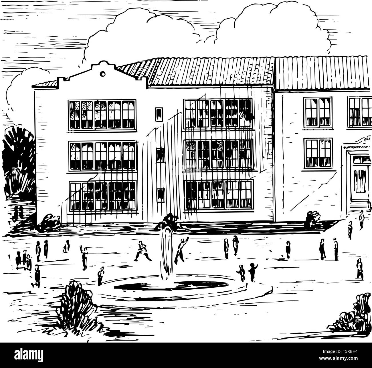 Schulgebäude in See Alfred Florida mit Kindern spielen vor Vintage Strichzeichnung. Stock Vektor