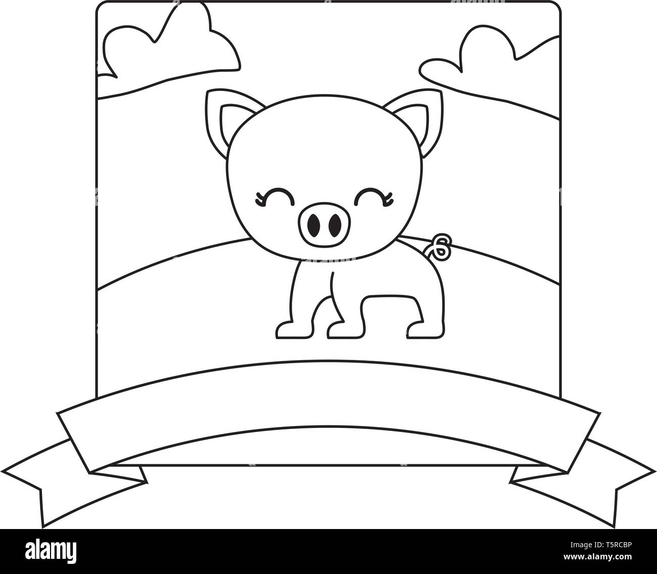 Süße Schweinchen in der Landschaft mit Rahmen und Ribbon Vector Illustration Design Stock Vektor