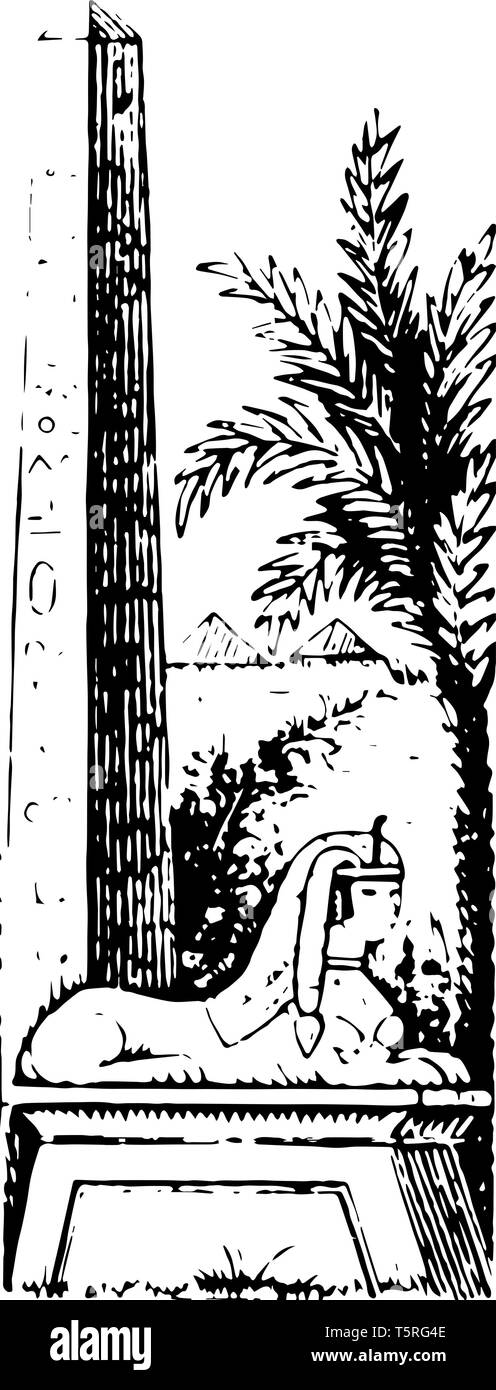 Ein Bild von einer Sphinx und ein Obelisk, vintage Strichzeichnung oder Gravur Abbildung. Stock Vektor