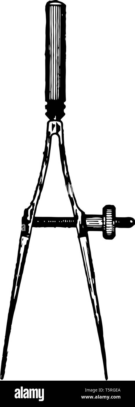 Arco Teiler aussehen wie ein Kompass, aber mit diesem Gerät können Sie den Kreis mit einem Radius von weniger als 3/4-Zoll zeichnen, vintage Strichzeichnung oder Gravur ich Stock Vektor