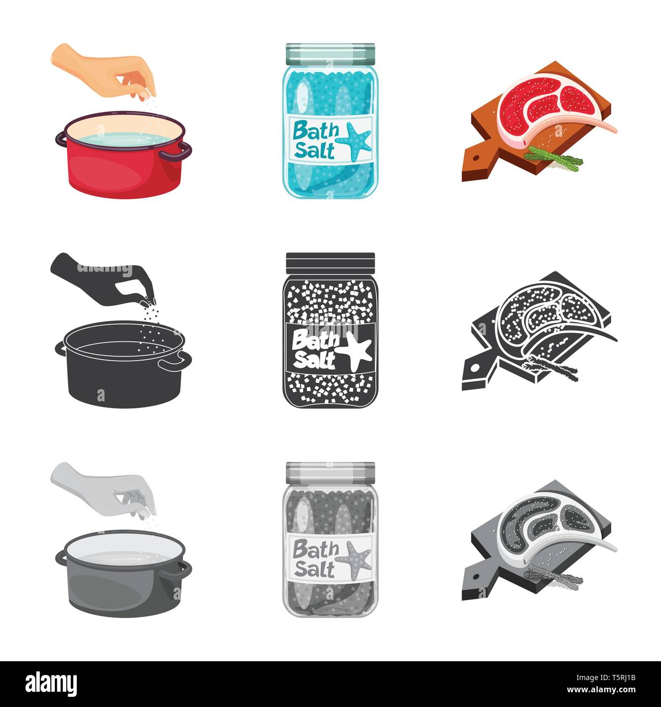 Kasserolle, Flasche, Fleisch, Wasser, salzig, Brett, Badewanne, arm, Spa, Restaurant, Gewürze, Vintage, Streuen, Pulver, weiß, Mehl, sauber, Container, Picknick, kochen, Meer, Natur, Backen, Salz, Nahrungsmittel-, Natrium-, Mineral, Raw, Küche, Set, Vector, Icon, Illustration, isoliert, Sammlung, Design, Element, Grafik, Zeichen, Vektor, Vektoren, Stock Vektor
