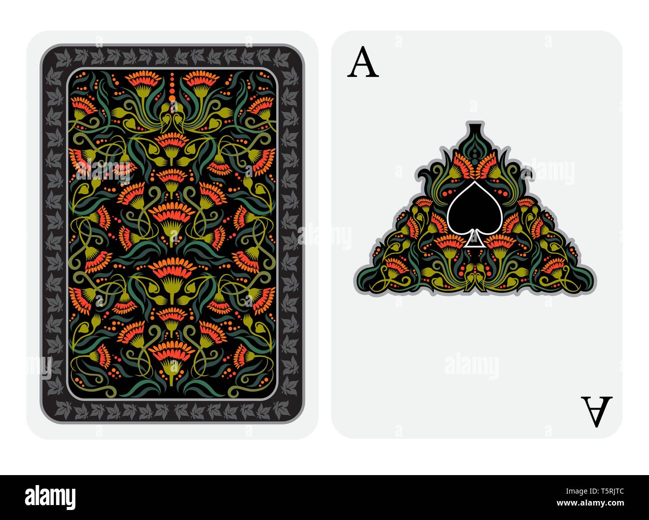 Ace of Spades Gesicht mit Spaten inside Flower pattern Rahmen und helle Anlage im schwarzen Anzug. Vektor Karte Vorlage Stock Vektor