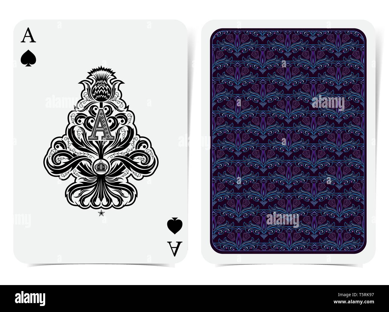 Ace of Spades Gesicht mit Distel pflanze Muster mit dem Anfangsbuchstaben A  nach innen und zurück mit Blau Violett florale Muster auf dunklen Anzug.  Vektor Karte Vorlage Stock-Vektorgrafik - Alamy
