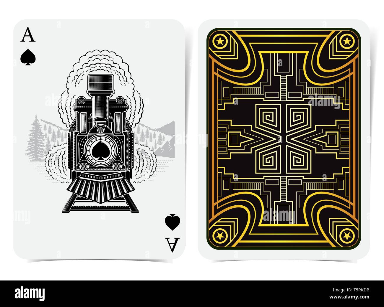 Ace of Spades mit Spaten inside vintage Zug in Gravur Stil und zurück mit Golden art deco Gatsby Muster auf schwarzen Anzug. Vektor Karte templa Stock Vektor