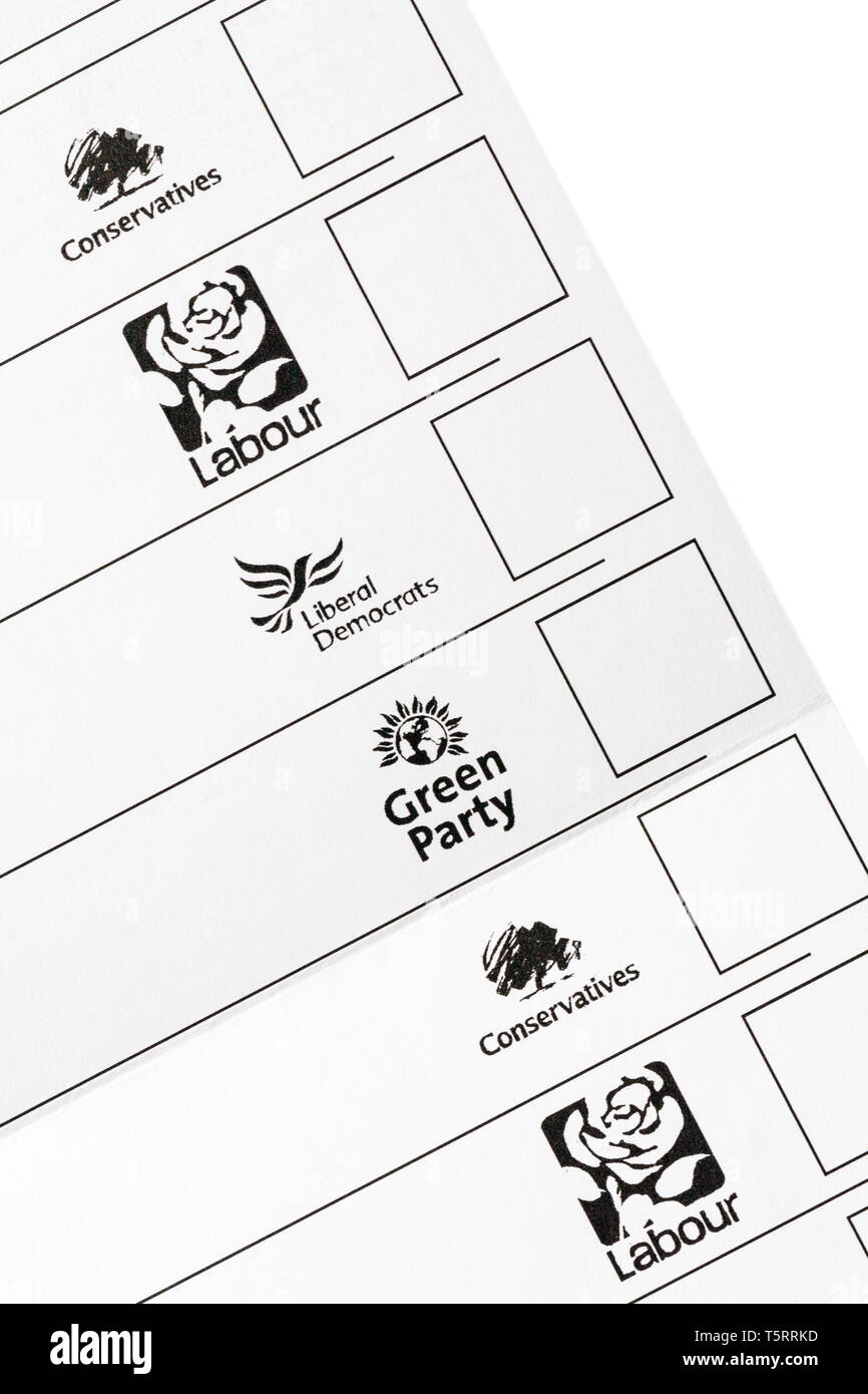 Wahlschein Form slip Parteien mit Boxen für Kommunalwahlen in Großbritannien Stockfoto