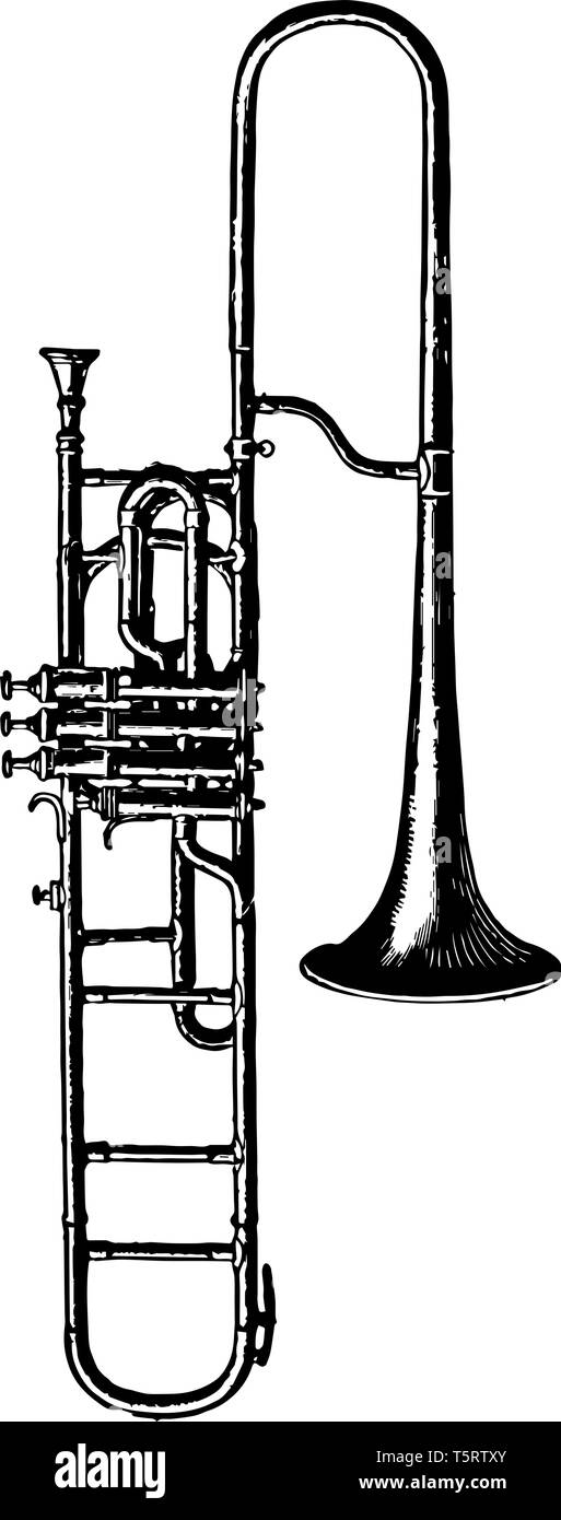 Posaune ein Kolben kann mit der gleichen Anlage produzieren die sieben Reihen von Harmonien, die zu der gemeinsamen Hörner, vintage Strichzeichnung oder Gravur illus Stock Vektor