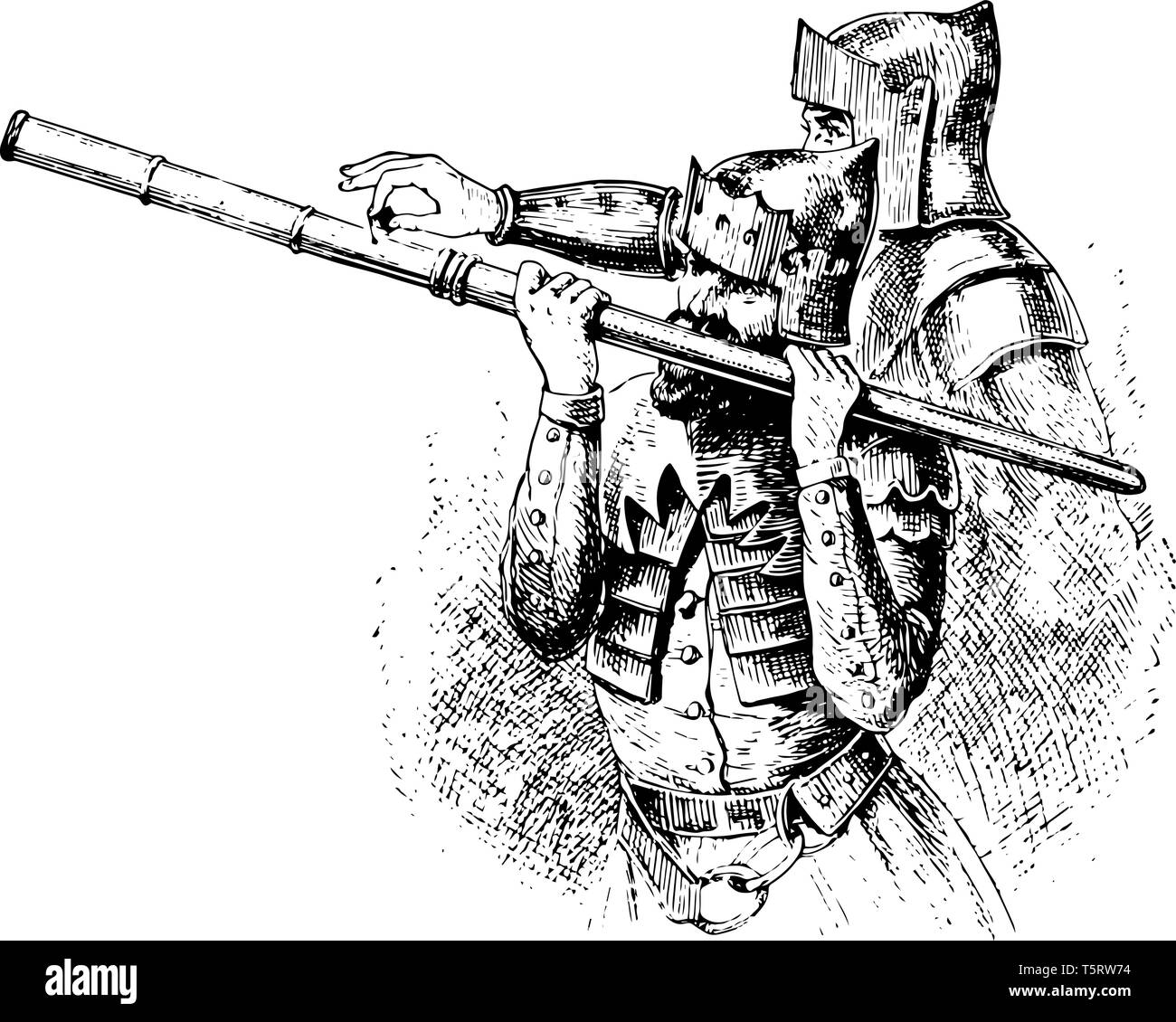 Hand Cannon, die aus dem vierzehnten Jahrhundert, vintage Strichzeichnung oder Gravur Abbildung. Stock Vektor