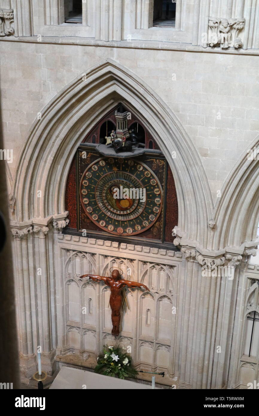 Wells Cathedral clock von oben Stockfoto