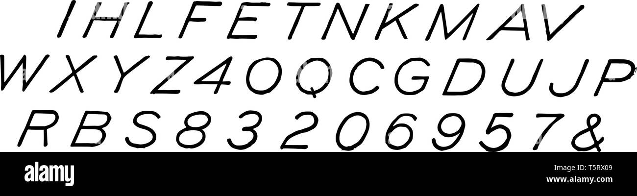 Schräge Großbuchstaben zu einer Dachneigung zwischen 60 und 70 Grad wird bevorzugt durch möglicherweise eine Mehrheit der Verfasser, vintage Strichzeichnung oder engravi Stock Vektor