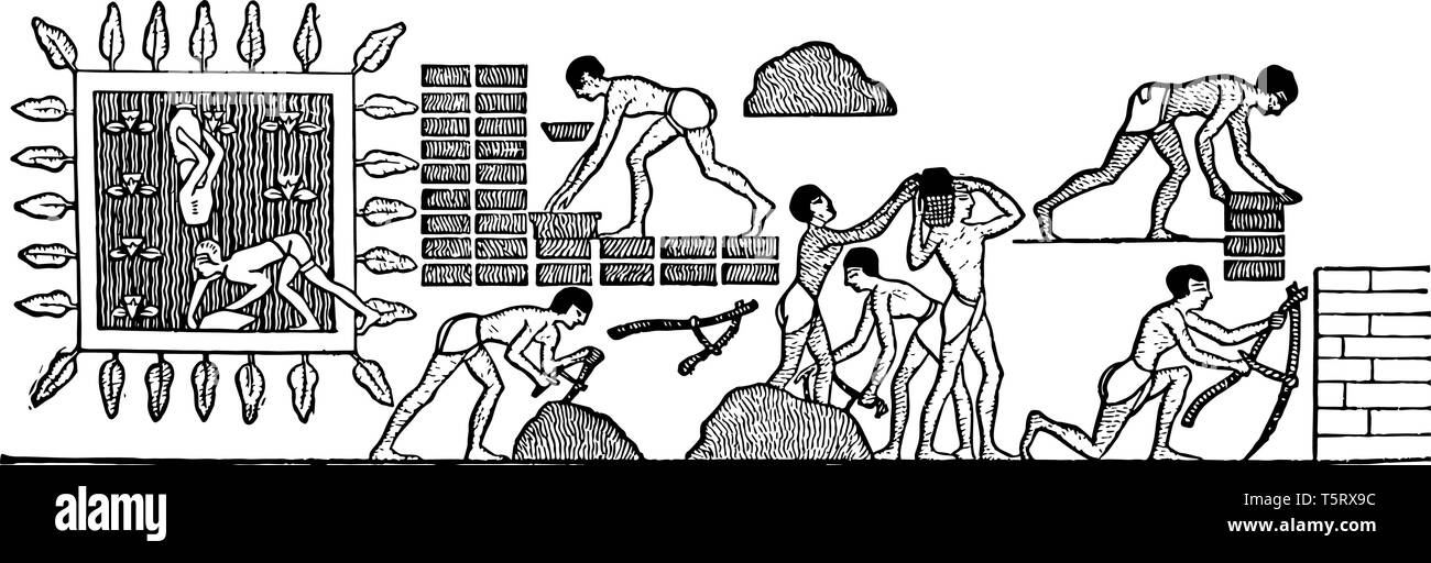 Ägyptische Männer helfen sich gegenseitig im Machen von Backsteinen, vintage Strichzeichnung oder Gravur Abbildung. Stock Vektor