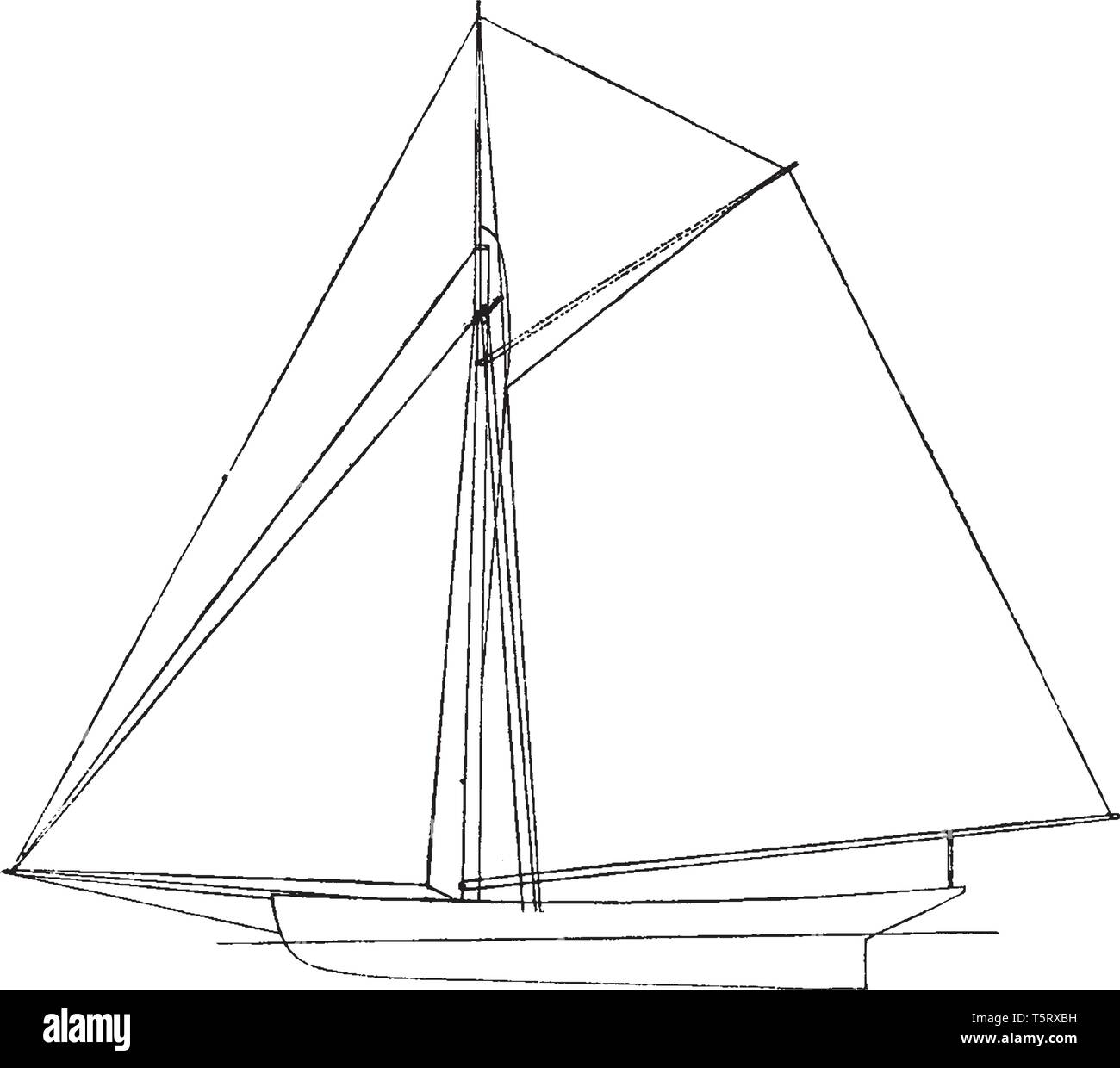 Amerikanische Sloop ist ein Segelboot mit einem Mast und einem vorderen und hinteren rig, vintage Strichzeichnung oder Gravur Abbildung. Stock Vektor