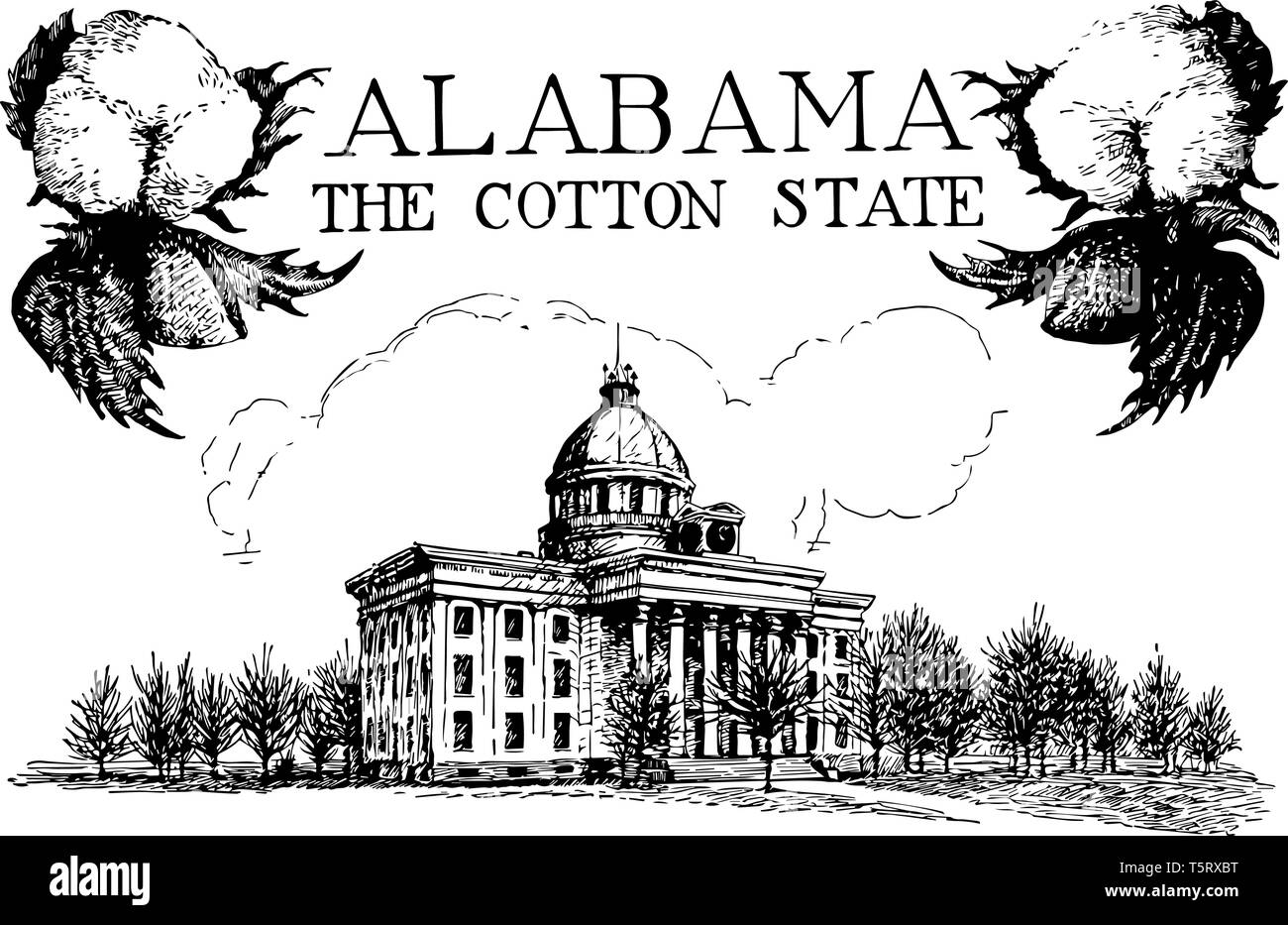 Alabama State Capitol ist der historische Ort und Museum der Geschichte und Politik in fünf politische Hauptstädte vintage Strichzeichnung. Stock Vektor