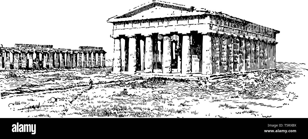 Die herrliche Aussicht auf den Tempel des Neptun, vintage Strichzeichnung oder Gravur Abbildung. Stock Vektor