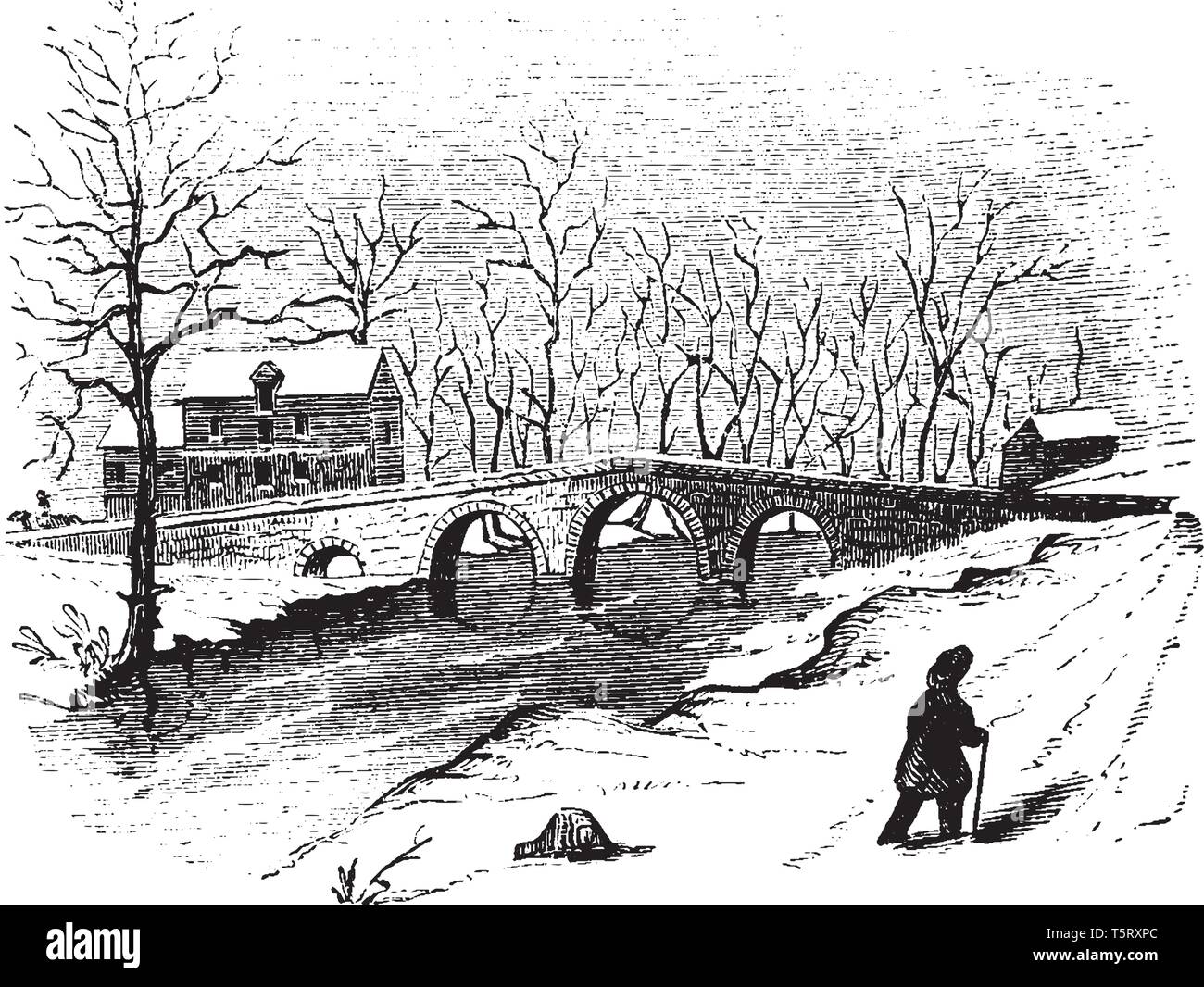 Wert Mühlen sind erhebliche Steinbrücke über die Stony Brook ist auf der Website der Holz- Auf der 3d Januar 1777, vintage Zeichnung zerstört Stock Vektor
