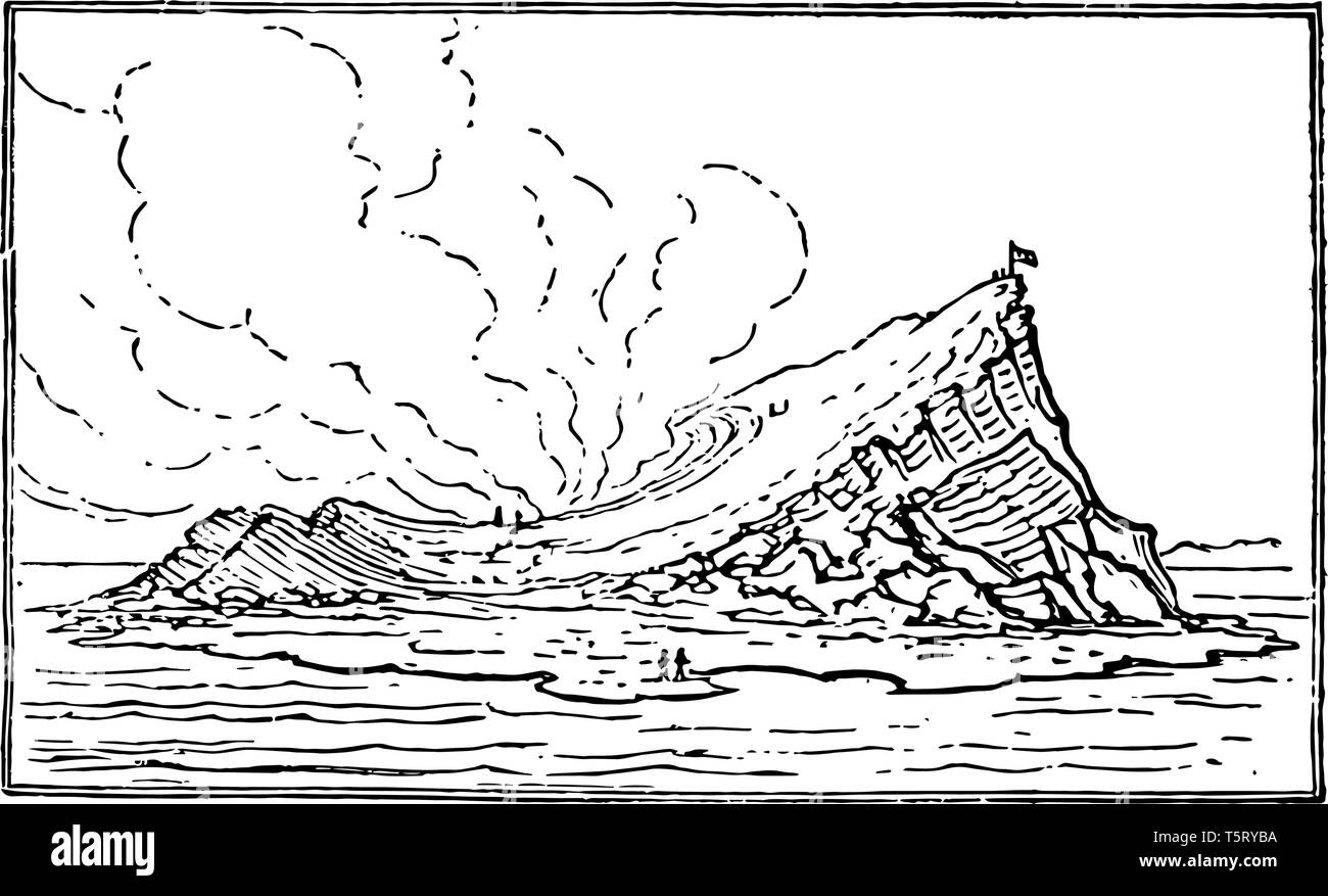 Graham Island im Jahre 1831, wenn es im Meer sanks vintage Strichzeichnung. Stock Vektor