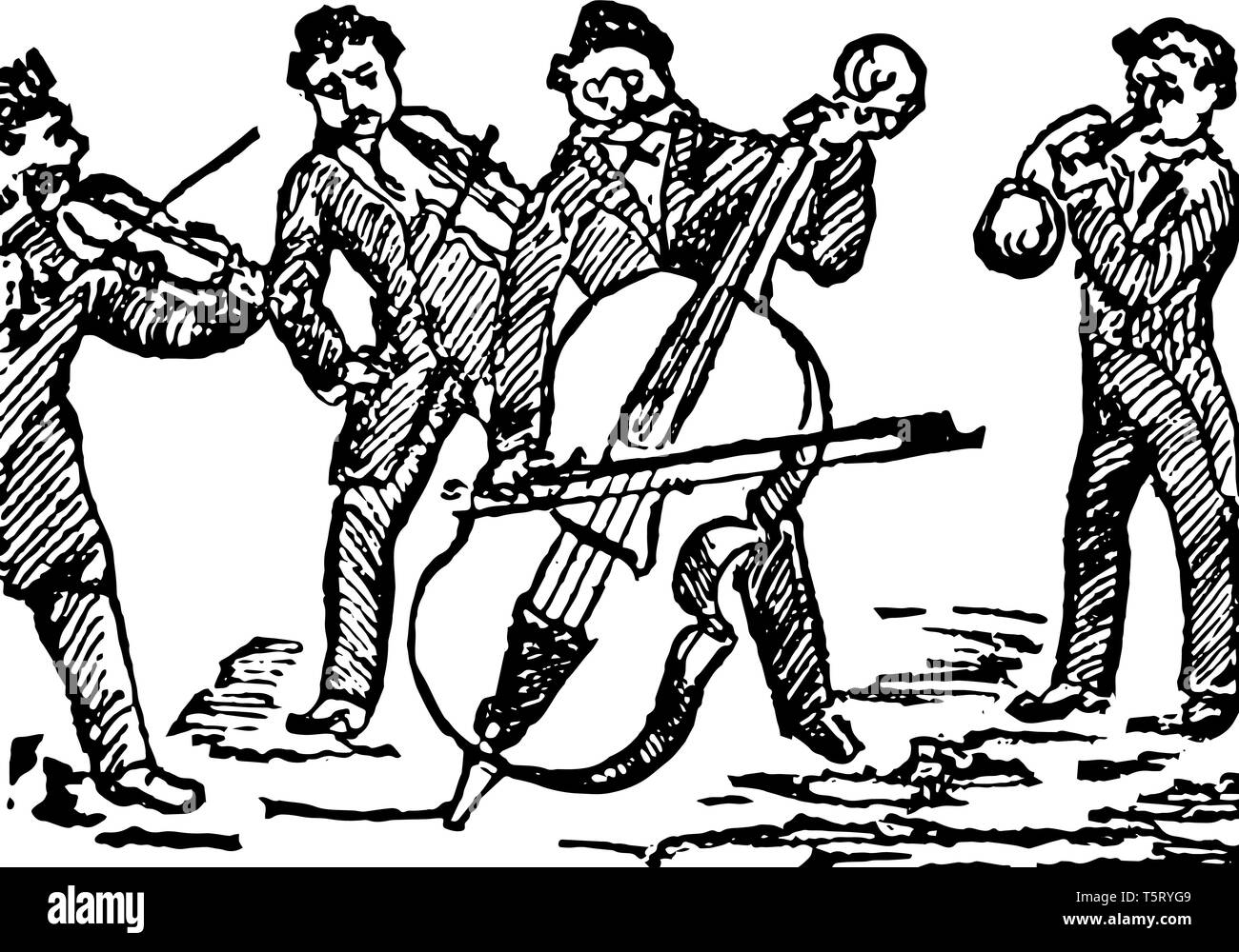 Quartett, wo der Satz von vier Personen, die ein Stück Musik in vier Teile durchführen, vintage Strichzeichnung oder Gravur Abbildung. Stock Vektor